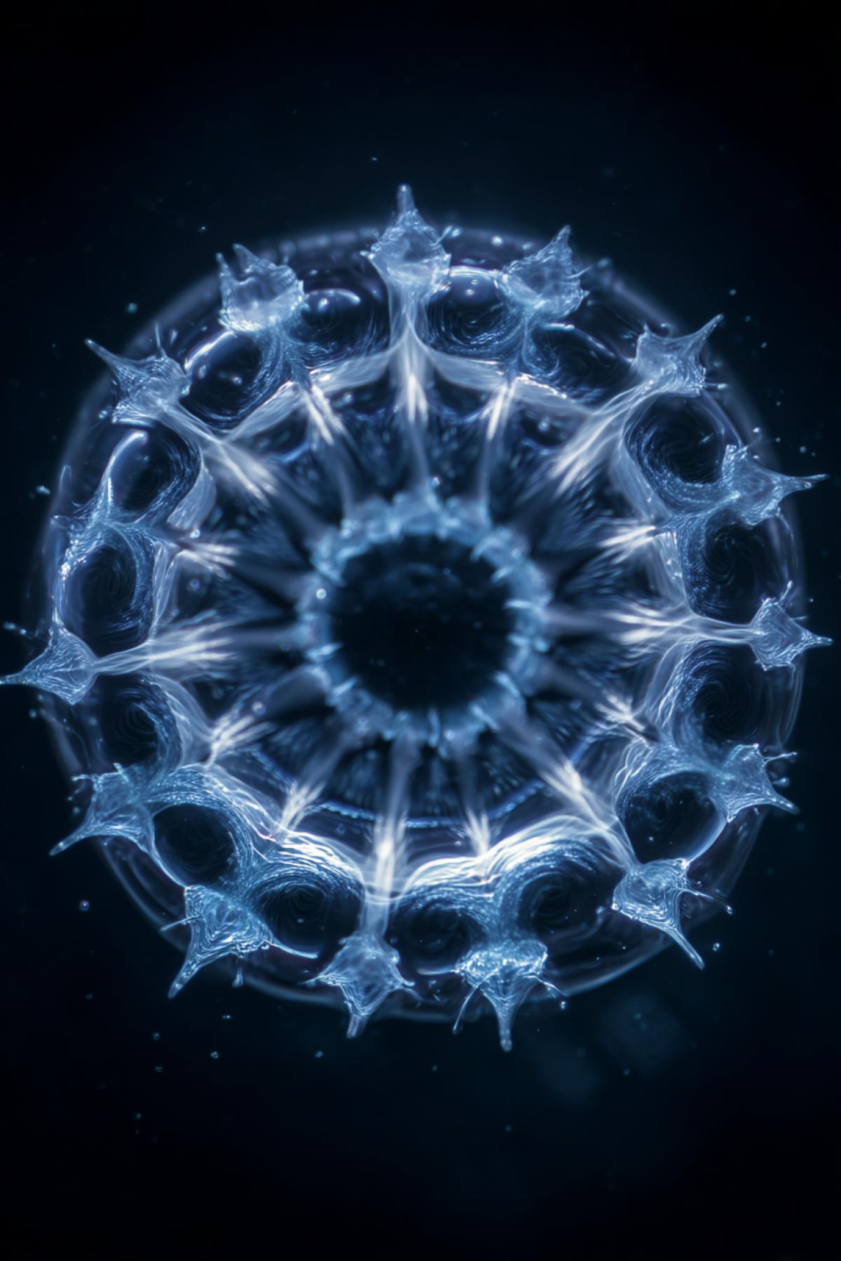 cymatics experiment frozen in time, a intricate symmetrical pattern formed by sound waves on a plate of liquid ice, vibrating into delicate crystalline spikes and concentric circles, mid-frequency wave, colors: electric blue and pure white, dark background, high speed photography, scientific, magical, precise geometry