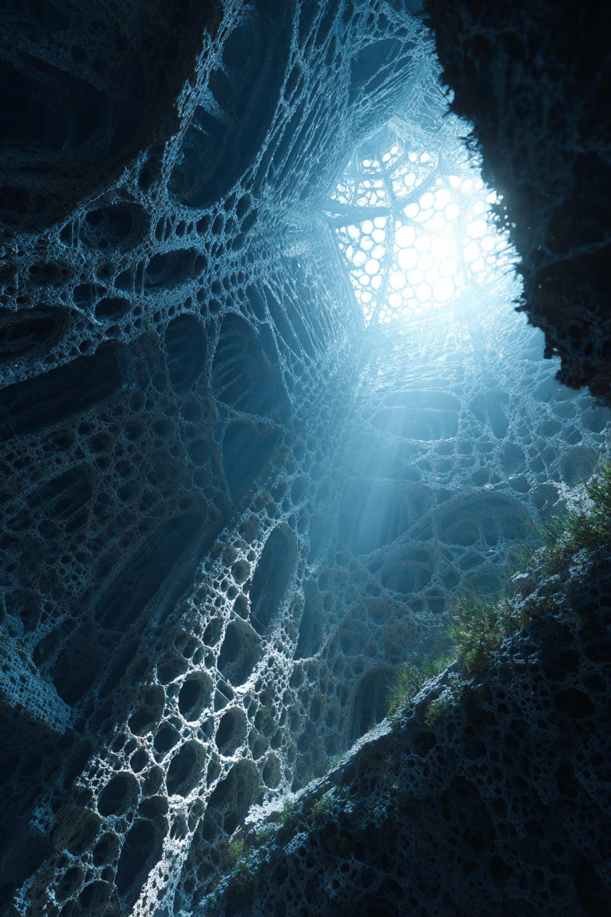 otherworldly cave wall covered in intricate fractal formations of helictite crystals, looking like a frozen neural network or alien coral, soft bioluminescent moss growing between the geometric patterns, cinematic, photorealistic, discovered ruin atmosphere, light rays from above, ultra-wide angle, sense of awe and discovery