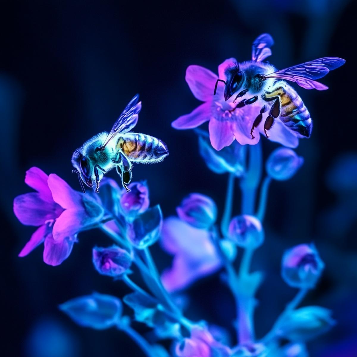 The flight of bees to the flower in ultraviolet light, bioluminescence, bright colors