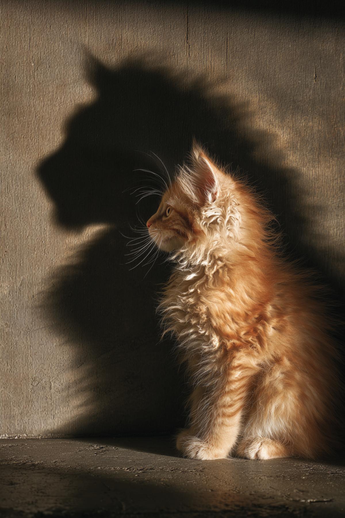 Cartoonish. professional photography. dark studio. a tiny, fluffy ginger kitten in profile against the wall. the shadow it casts on the wall resembles a majestic lion.