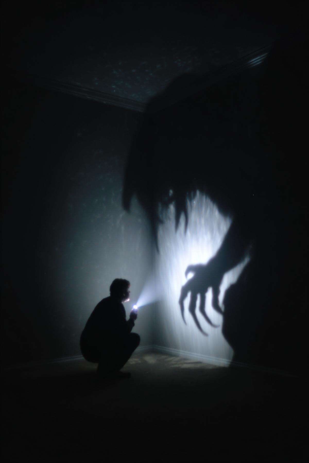 A terrified person is backed against a wall in a dark room, shining a flashlight forward. But their own shadow on the wall behind them is morphing into a monstrous, predatory shape, stretching its claws towards their neck. The shadow is clearly autonomous and malevolent. Horror genre, dramatic chiaroscuro lighting, hyper-realistic, sense of immediate dread and panic.
