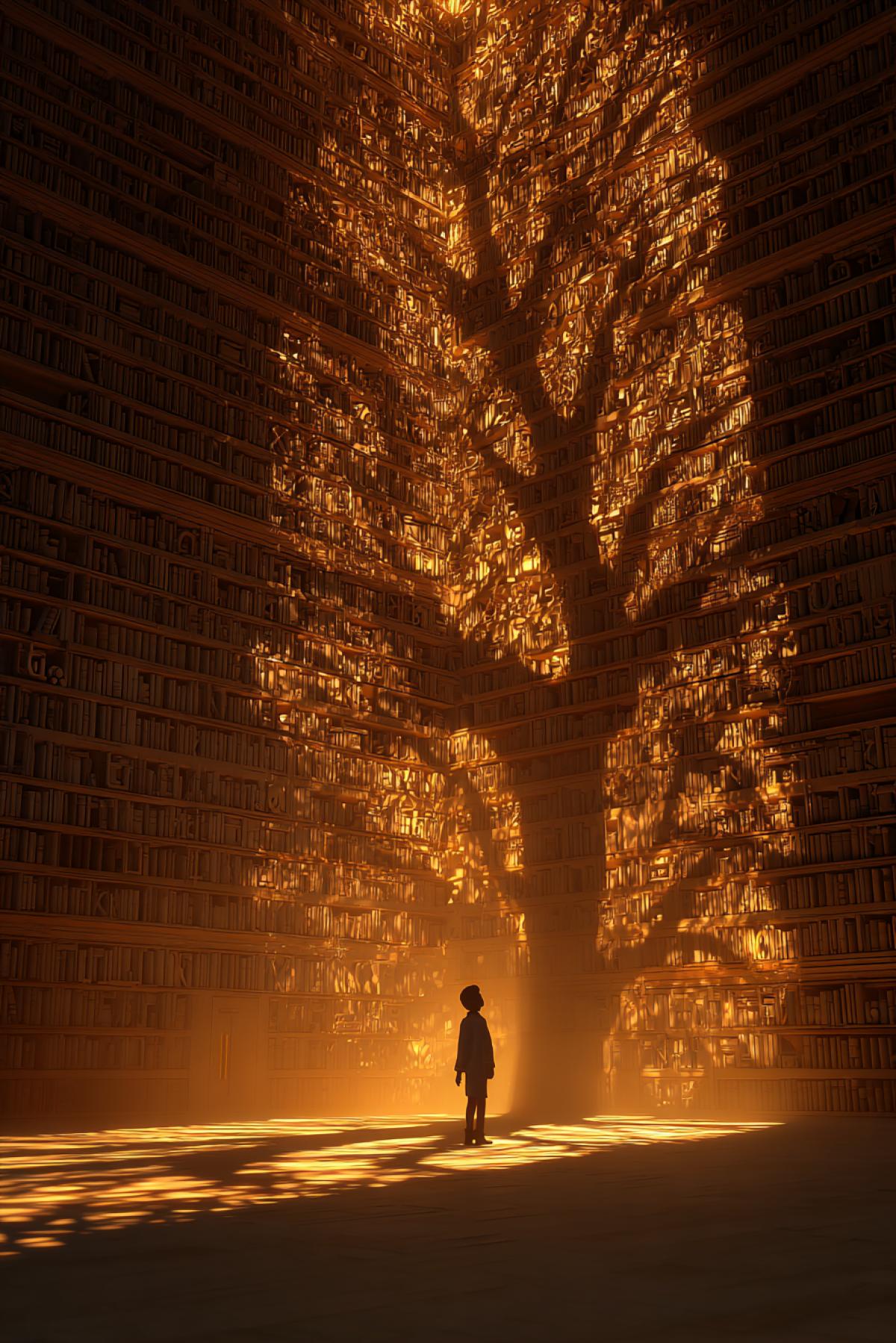A lone child in a vast, empty library bathed in golden sunset light. Their shadow cast on the wall of books is not the shadow of a child, but an infinitely vast and intricate fractal tree of knowledge, with branches made of glowing equations, historical symbols, and literary motifs. The child is small and simple, but their shadow is immense and contains the entire universe of human wisdom. Photorealistic, magical realism, awe-inspiring, cinematic, ultra-detailed, warm glow, sense of profound potential and hidden genius.