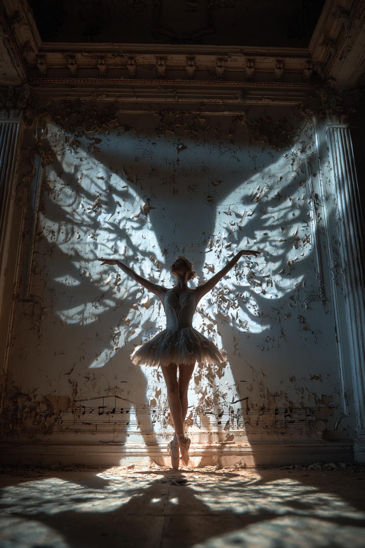 A scene in a grand, abandoned ballroom. A ballerina stands en pointe in a shaft of moonlight, her shadow cast on the ornate wall is not a dancer, but a magnificent, shadowy phoenix with wings fully spread, mid-beat, as if about to take flight. The shadows feathers are intricately detailed with patterns of fading music notes and embers. Ethereal, surreal, dramatic chiaroscuro, cinematic, hyper-detailed, 8k, sense of powerful transformation and unexpressed spirit.