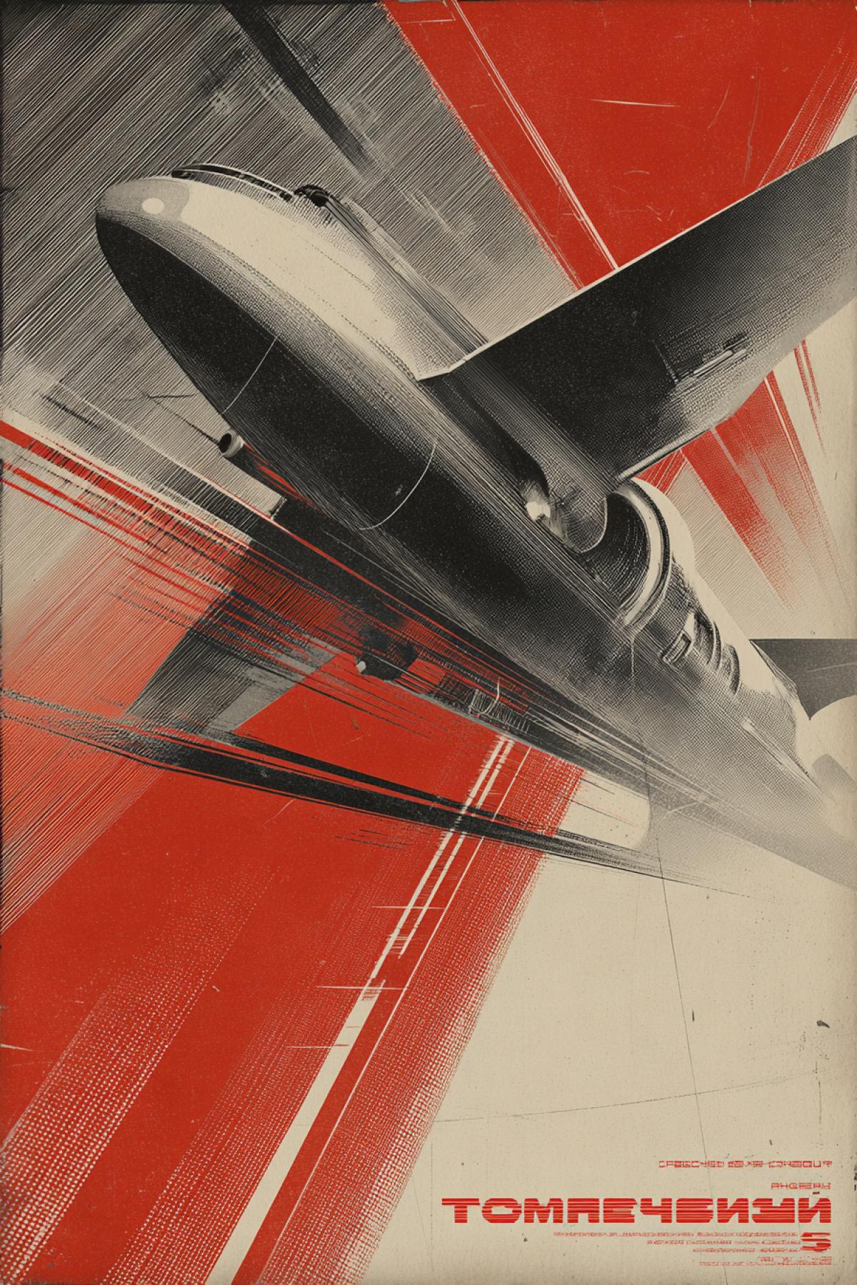 Soviet Constructivism meets Art Deco poster: \"Tomorrows Flight\". A bold, geometric depiction of a futuristic aircraft in stark profile. Powerful diagonal com4k. Ultra-limited palette: vibrant red, solid dark, and off-white. Heavy use of dramatic shadows and sharp angles. Stylized typography, visible halftone dots and printing imperfections, on a slightly weathered paper background.