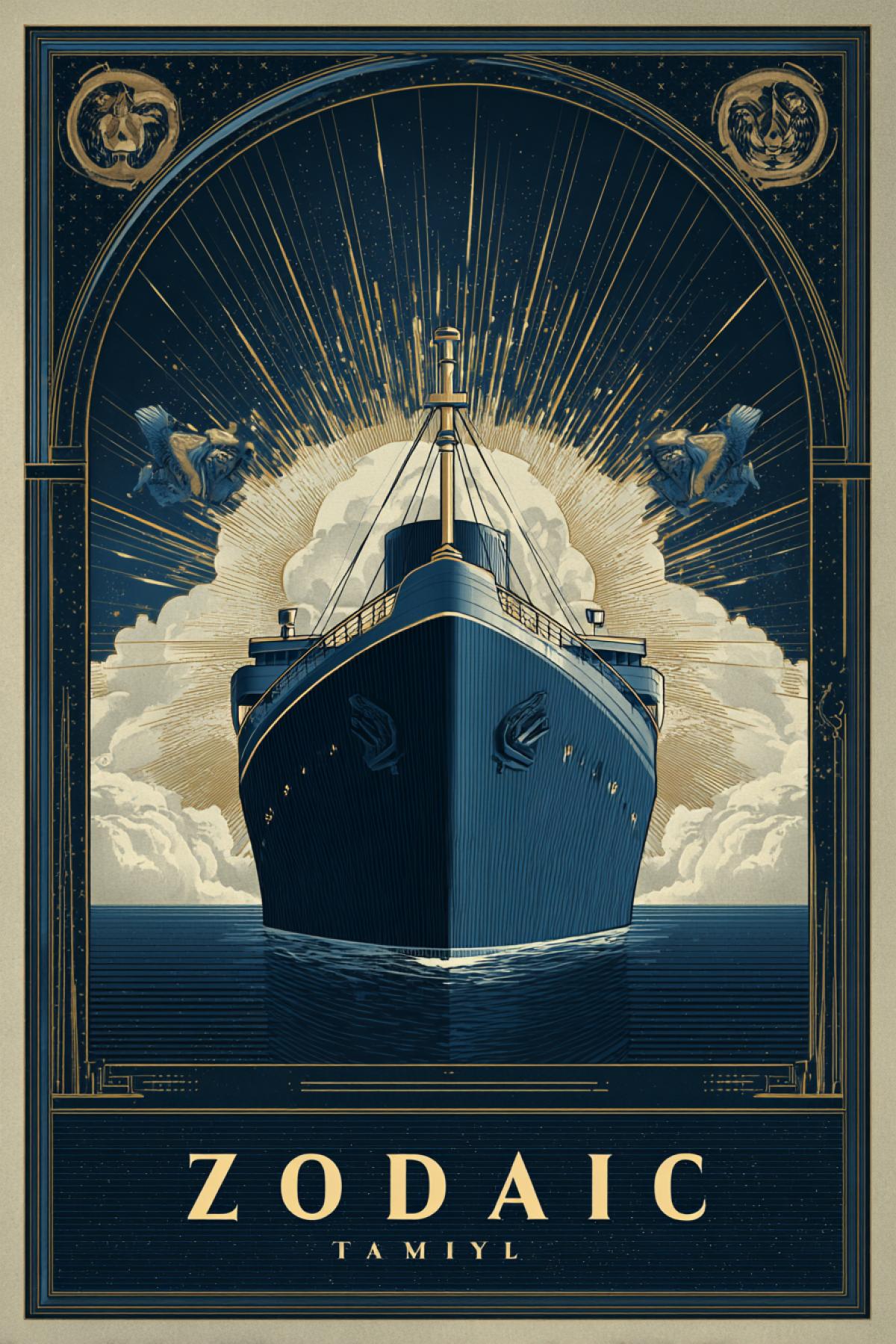 Art Deco travel poster for a luxurious transatlantic liner named \"ZODIAC\". A stylized, geometric depiction of a mighty steamship viewed from below, with sun rays breaking through the clouds behind it. Symmetrical design, sunburst motif, limited palette of deep navy blue, gleaming gold, and cream white. Subtle halftone dots texture, vintage paper background, elegant sans-serif typography. Style of 1920s French illustrators.