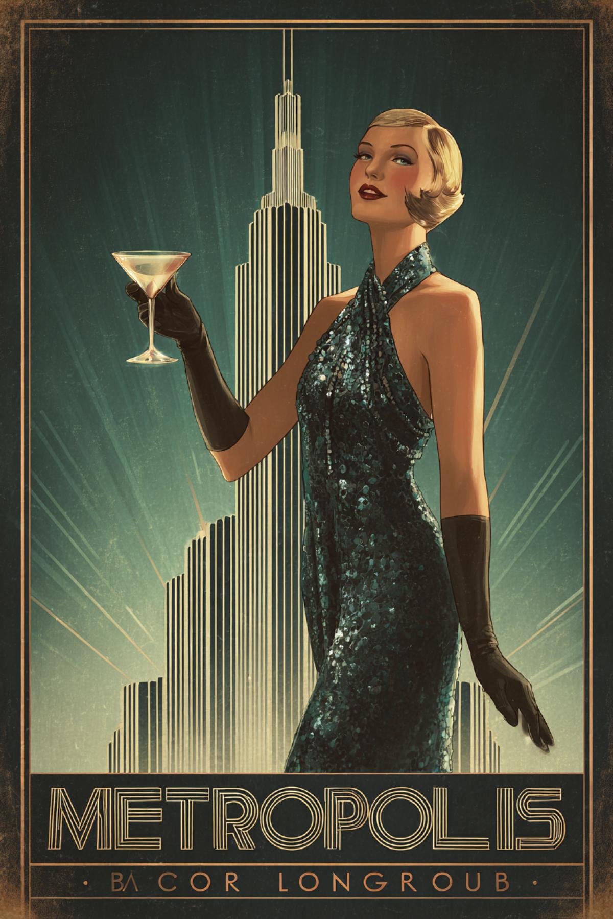 Art Deco advertisement for a \"Metropolis\" cocktail lounge. A sophisticated flapper girl in a sequined dress holds a martini glass, her figure is sleek and angular. Behind her, a dramatic, stepped skyscraper radiates beams of light into a night sky. Rich colors: dark, chrome silver, emerald green, and ruby red. Airbrush style, sharp lines, art deco patterns, vintage printing grain and texture.