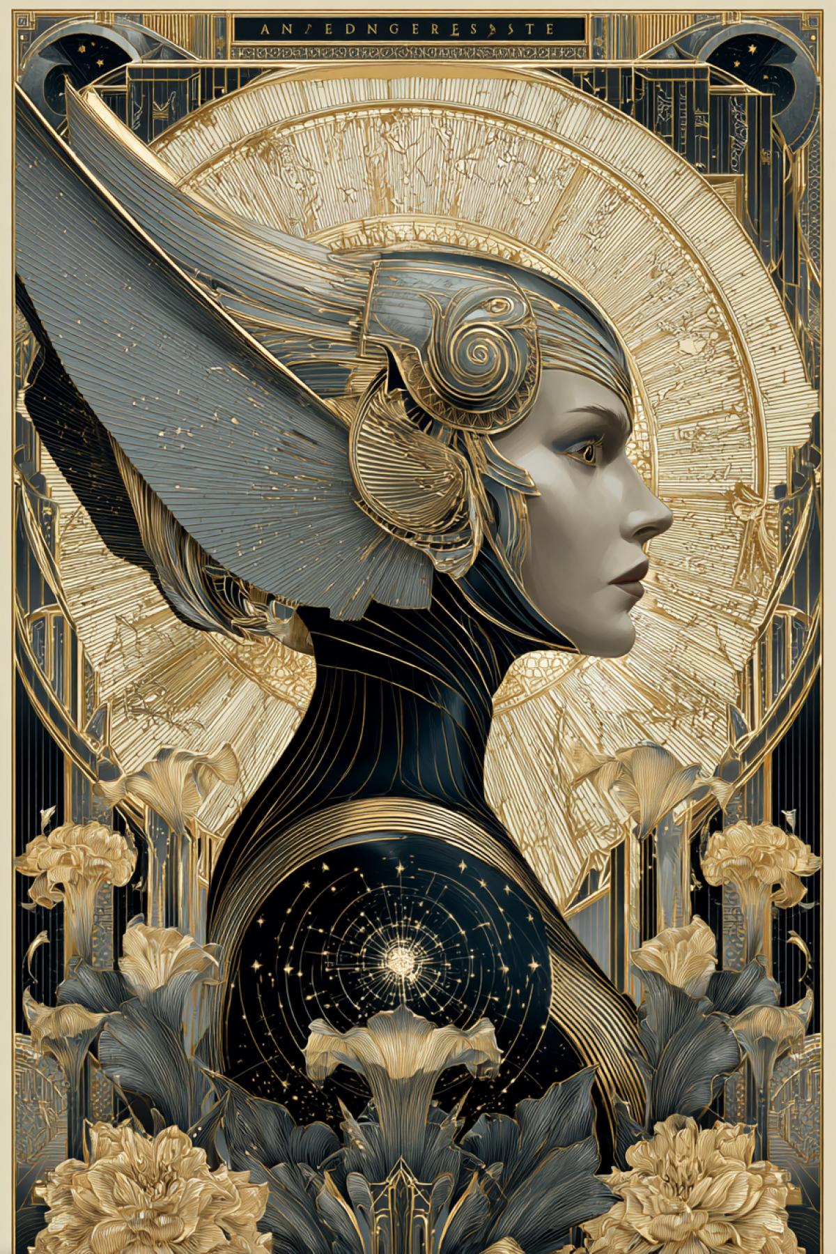 A stunning Art Deco masterpiece, \"Goddess of the Electric Echo\". A majestic female figure in profile, her features sleek and stylized, with a helmet of intricate, geometric waves. She holds a glowing, crystalline orb that radiates concentric circles of light, resembling both a sunburst and radio waves. The com4k is perfectly symmetrical, framed by stepped architectural elements and lavish, sharp-edged floral motifs. Opulent color palette of deep pearl dark, brushed chromium, lustrous gold, and a single accent of brilliant jade green. Ethereal airbrush sheen, subtle halftone dots texture, on a background of vintage ivory board. Style of René Lalique and Tamara de Lempicka.