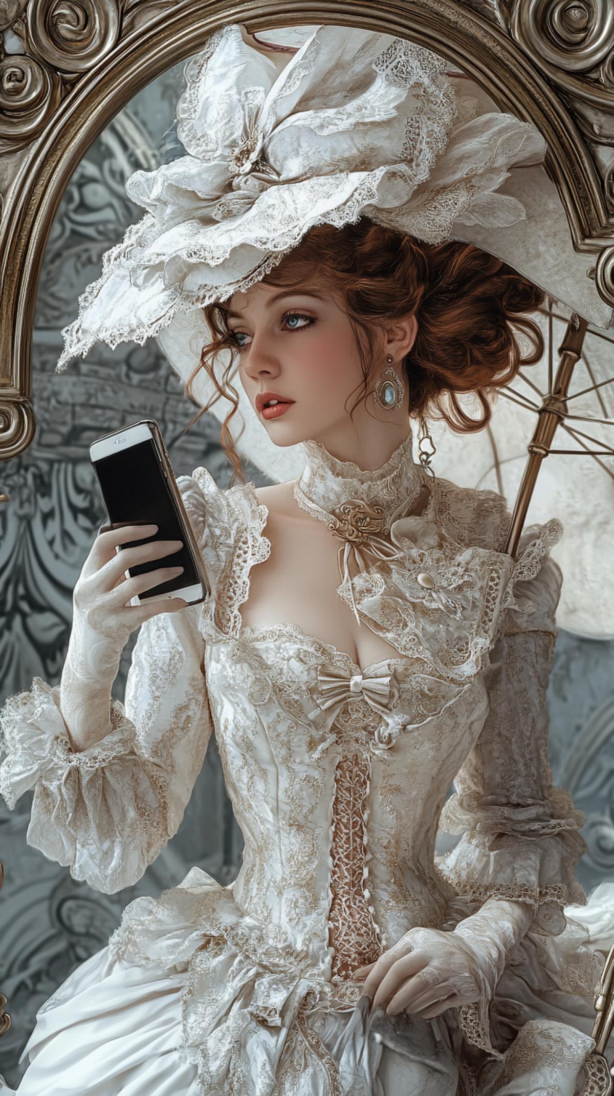 Enigma magazine cover framed with swirls and arabesques. Young woman in a white dress and hat holding a cell phone and umbrella, CGSociety Award winner, Gothic art, Victorian aristocracy, amazing details, Victorian city, great photo, steampunk fantasy, in 1890s-era clothing, highly detailed clothing, lace dress, modern iPhone in hand, 1900s photography, in gorgeous clothing, perfect, sophisticated, stunning image ar 9:16