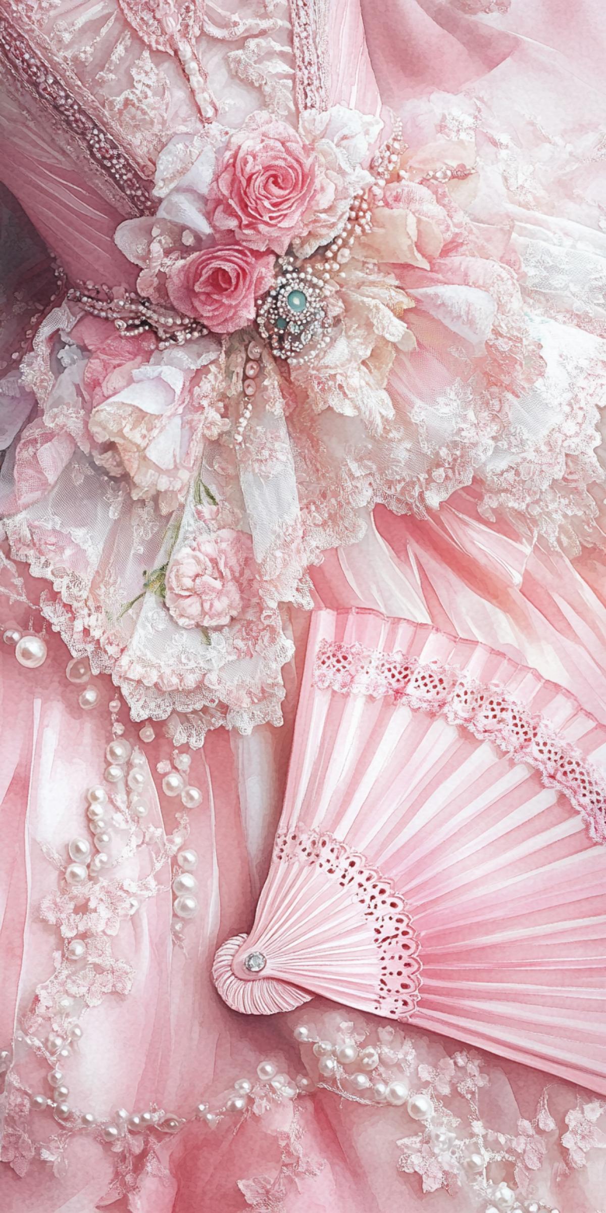 a delicate romantic drawing in light watercolor. a close-up of a pink ball gown from the 18th century with lush lace, a lush pink fan with lace, embroidered with. beads and pearls, an elegant precious bracelet. pure light pastel colors. the colors are separated. delicate pink color scheme. only light colors. beautiful streaks of watercolor paint. light, magic