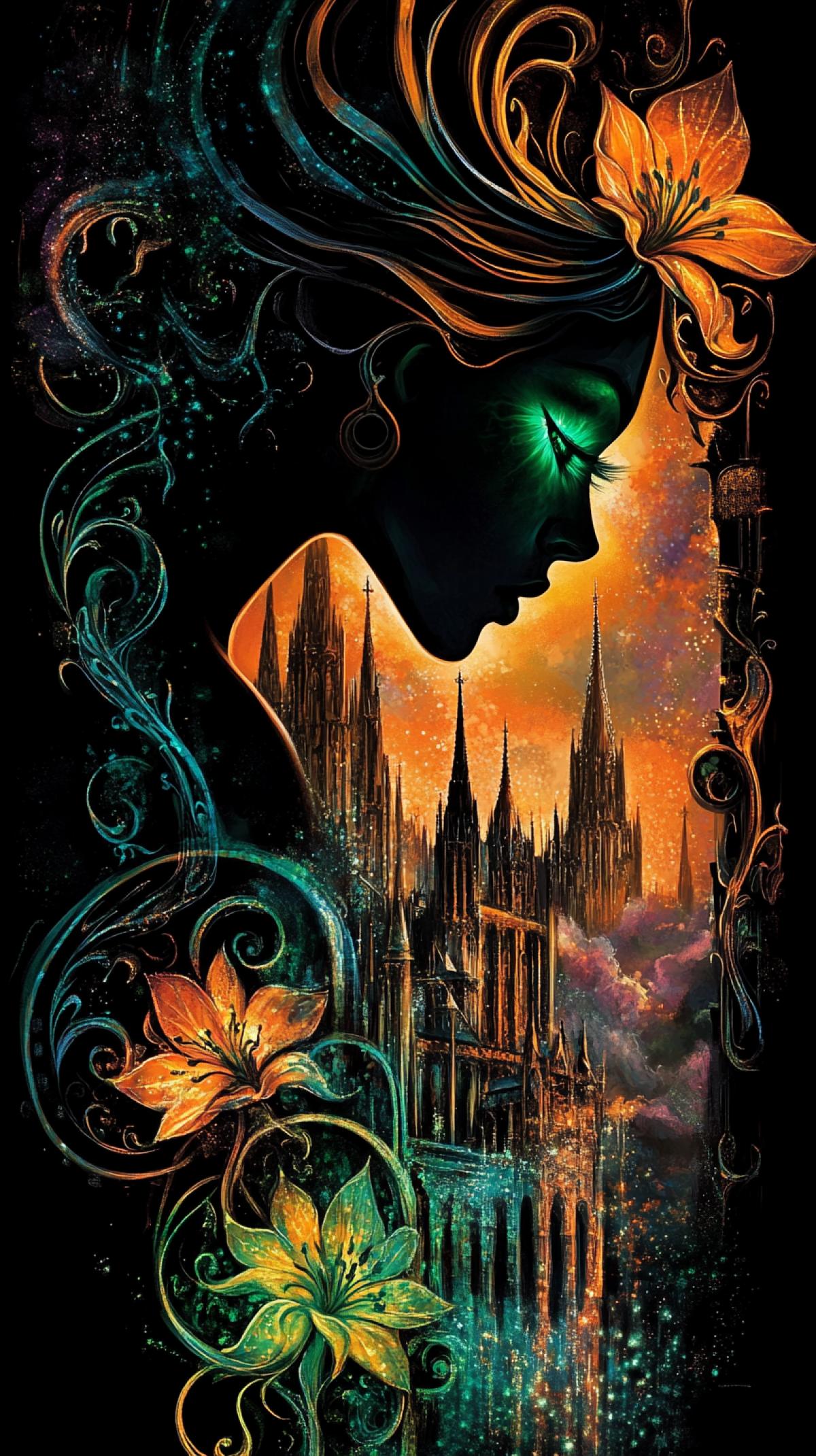 Dark modern painting, transparent silhouette of a tall European woman with emerald eyes and a majestic presence. Inside her a projection of a medieval European city with Gothic spires, castles, and stained-glass windows. Abstraction with smoky ethereal textures, lilies interwoven with fractals of flame and water, cosmic dust drifting around, intricate filigree lines, swirling ornamental curls, glowing radiance, iridescent light, mystical motion dynamics