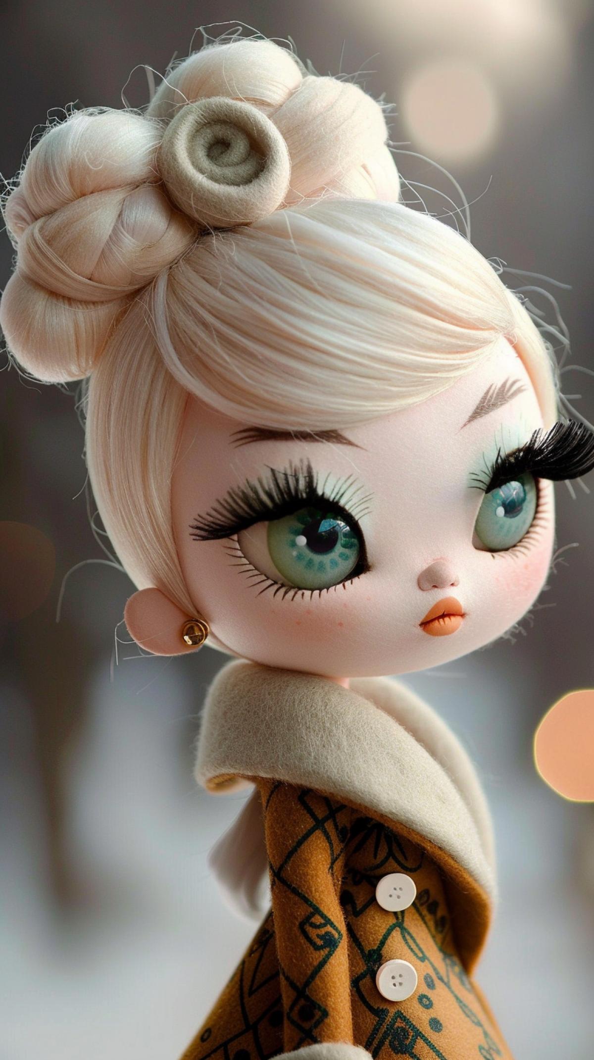 Felted babydoll poster, very beautiful, charming, made of felt and wool, warm atmosphere, cute girl with chic and fashionable appearance. She has blonde hair styled in an elegant bun, green eyes, long fluffy eyelashes, eyeliner, mint lipstick on small lips, fluffy mint coat collar, mint Gucci or Dior handbag and bright yellow felt coat. Her makeup is exquisite: green eyeshadow and lipstick, and large elegant pearl earrings in her ears. In her hands she holds a designer handbag with a characteristic green and dark pattern. Flirty look. In one hand she holds a handbag, in the other a cup of coffee. Central dreamy com4k with super-detailed wool texture, warm stitches and felt depth.