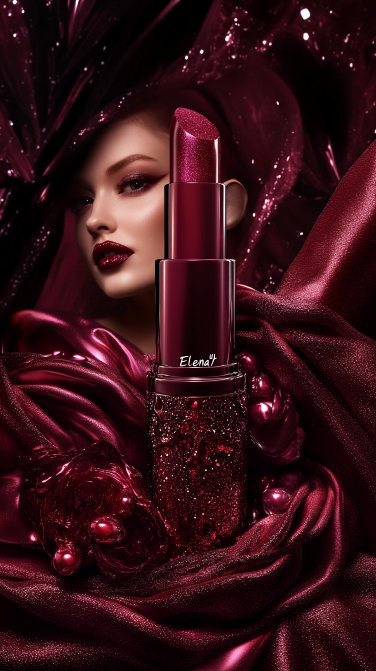 Microworld, close-up, Macro 3D, ultra quality, cinematic angle.. Style: dark surrealism, velvet mist, smoky fractal glow, sur-fantasy. Against the backdrop of Moscow vintage lipstick \"Elena\", made of burgundy marble and gloss.. arches of glitter, figures of frozen blush, and silk trains turning into a beautiful young, elegantly dressed woman of 1980s fashion. Colors: velvet red, ash pink, dull mother-of-pearl, coal dark.
