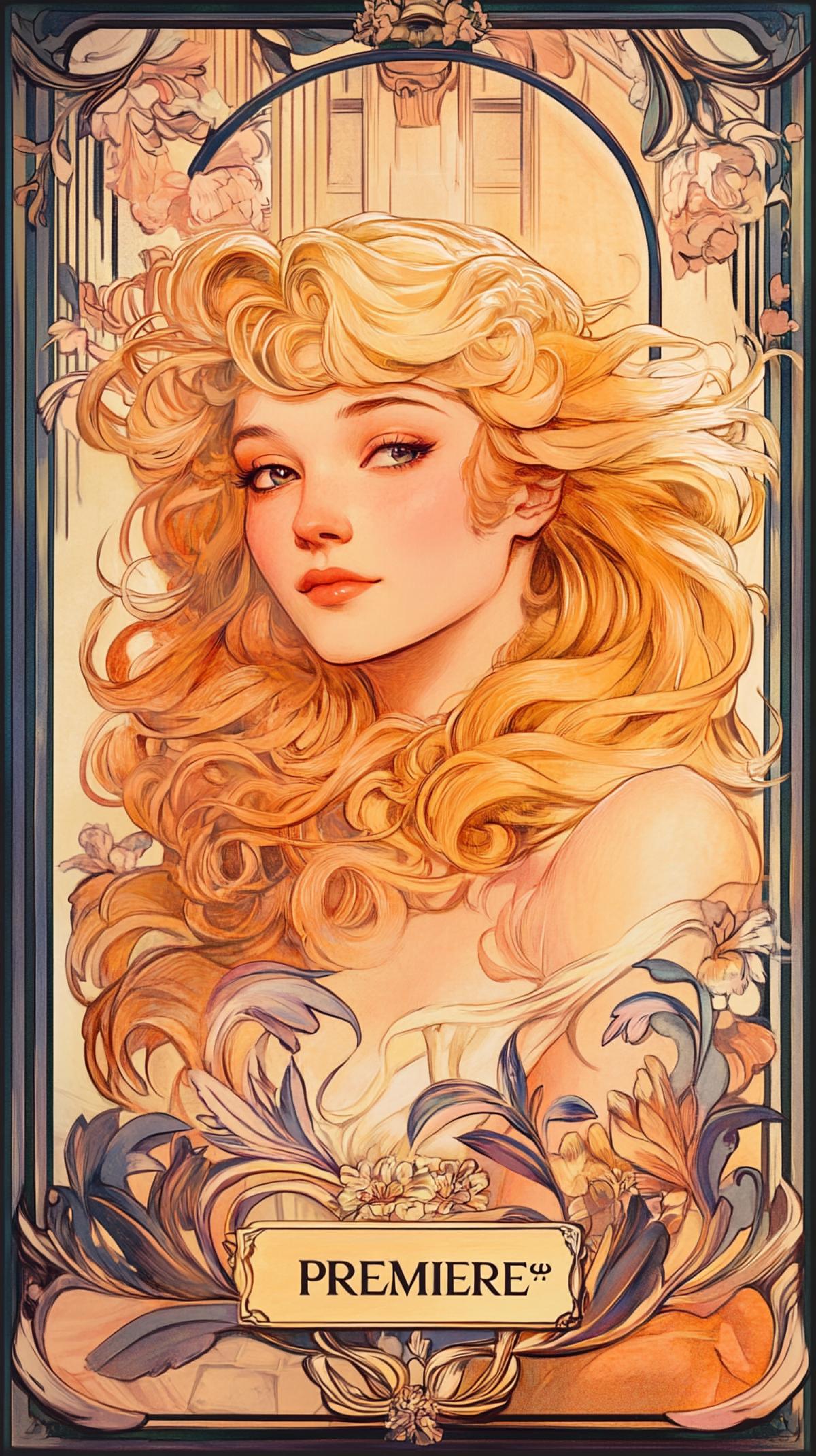 Art Nouveau Poster | Elegant girl with blonde curls! Character surrounded by flowing locks of hair forming decorative patterns + \"PREMIERE\" sign | Soft pastel urban cafe setting with stylized floral motifs and curved lines | Framed portrait com4k with dynamic, swirling elements | Soft, glowing light with candy-colored highlights and glossy accents | Whimsical elegance; stylized wrappers; a mix of vintage Alphonse Mucha and Gustav Klimt styles stilize 600