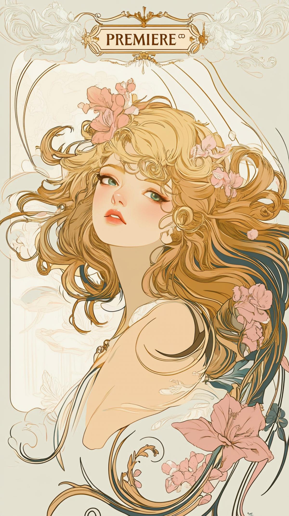 Art Nouveau Poster | Elegant girl with blonde curls! Character surrounded by flowing locks of hair forming decorative patterns + \"PREMIERE\" sign | Soft pastel urban cafe setting with stylized floral motifs and curved lines | Framed portrait com4k with dynamic, swirling elements | Soft, glowing light with candy-colored highlights and glossy accents | Whimsical elegance; stylized wrappers; a mix of vintage Alphonse Mucha and Gustav Klimt styles stilize 600