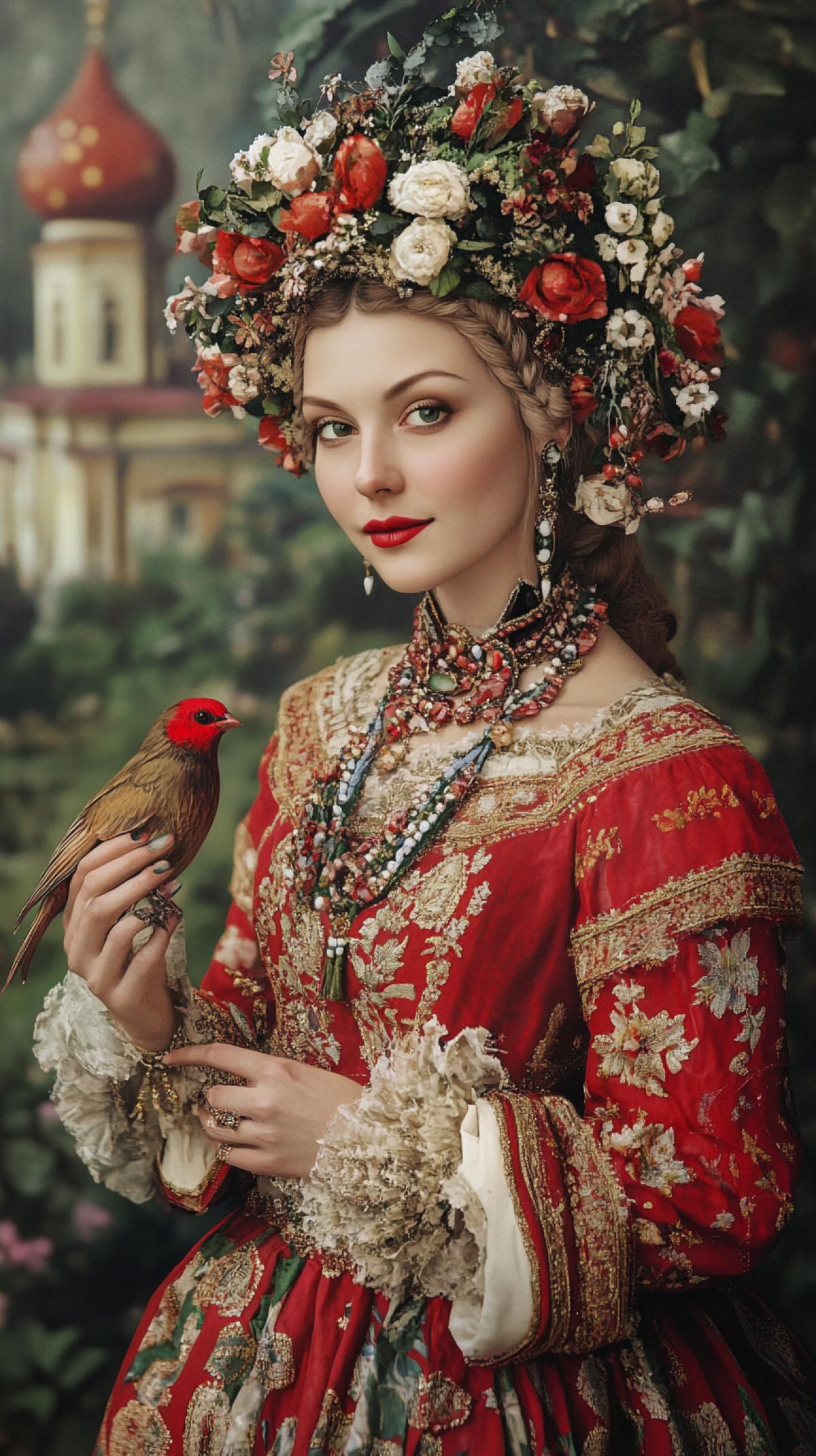 A woman in traditional, ornate Eastern European folk dress. The dress is red with intricate gold embroidery and decorative elements. She is adorned with elaborate jewelry, including a necklace and earrings. Her hair is braided and she wears a floral headdress of red and white flowers and green leaves. She is holding a small bird in her hand. The bird has a red head and a brown . The background of the image shows lush greenery and a distant view of an architectural structure with domes, this may be a historical or cultural setting. The overall style of the image is rich and detailed, reminiscent of fairy tales or folklore.