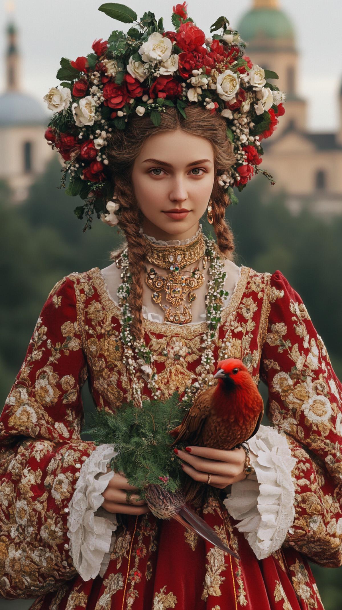 A woman in traditional, ornate Eastern European folk dress. The dress is red with intricate gold embroidery and decorative elements. She is adorned with elaborate jewelry, including a necklace and earrings. Her hair is braided and she wears a floral headdress of red and white flowers and green leaves. She is holding a small bird in her hand. The bird has a red head and a brown . The background of the image shows lush greenery and a distant view of an architectural structure with domes, this may be a historical or cultural setting. The overall style of the image is rich and detailed, reminiscent of fairy tales or folklore.