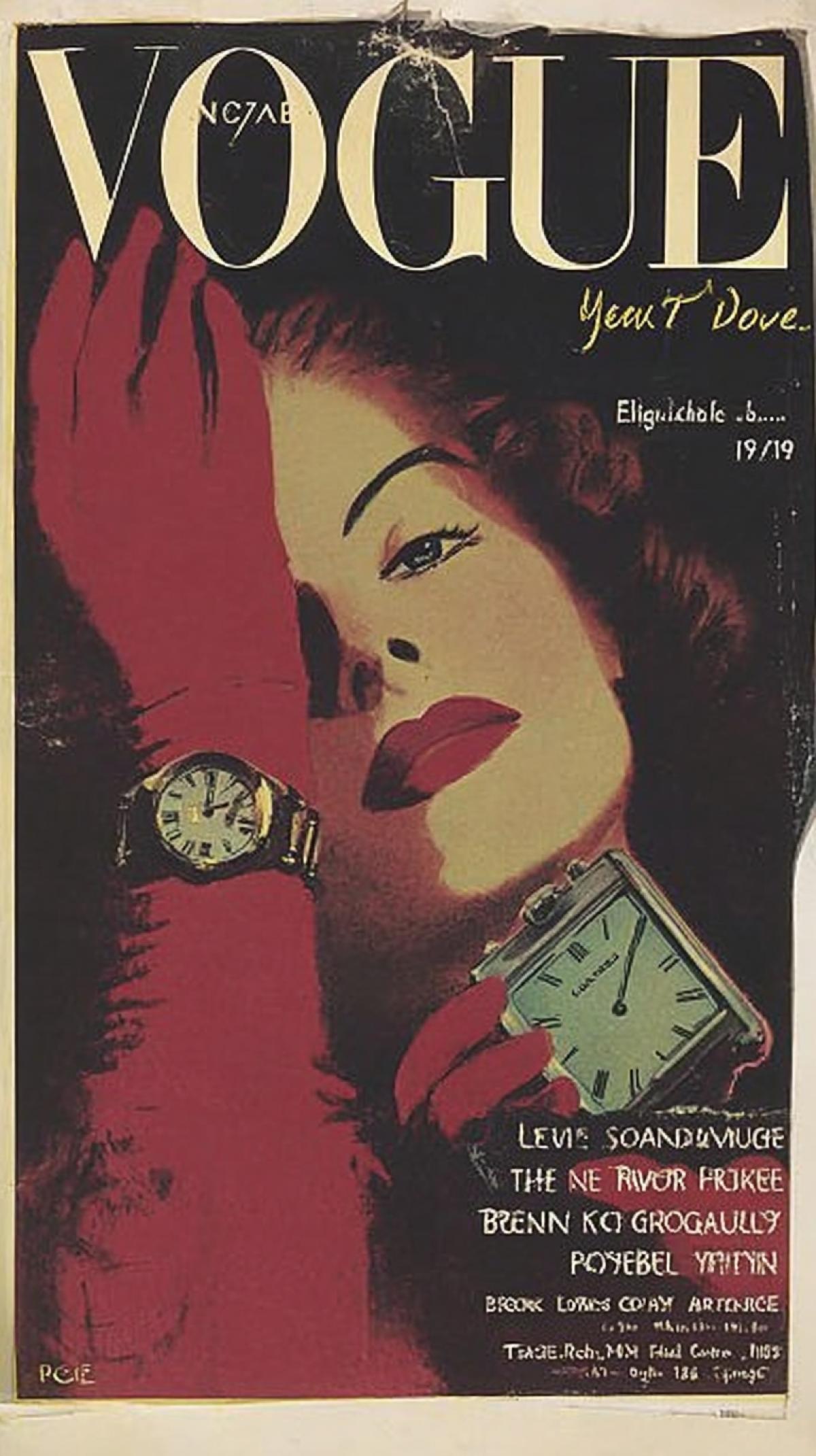 Vogue magazine cover from November 1, 1942, retro colors, muted, grainy