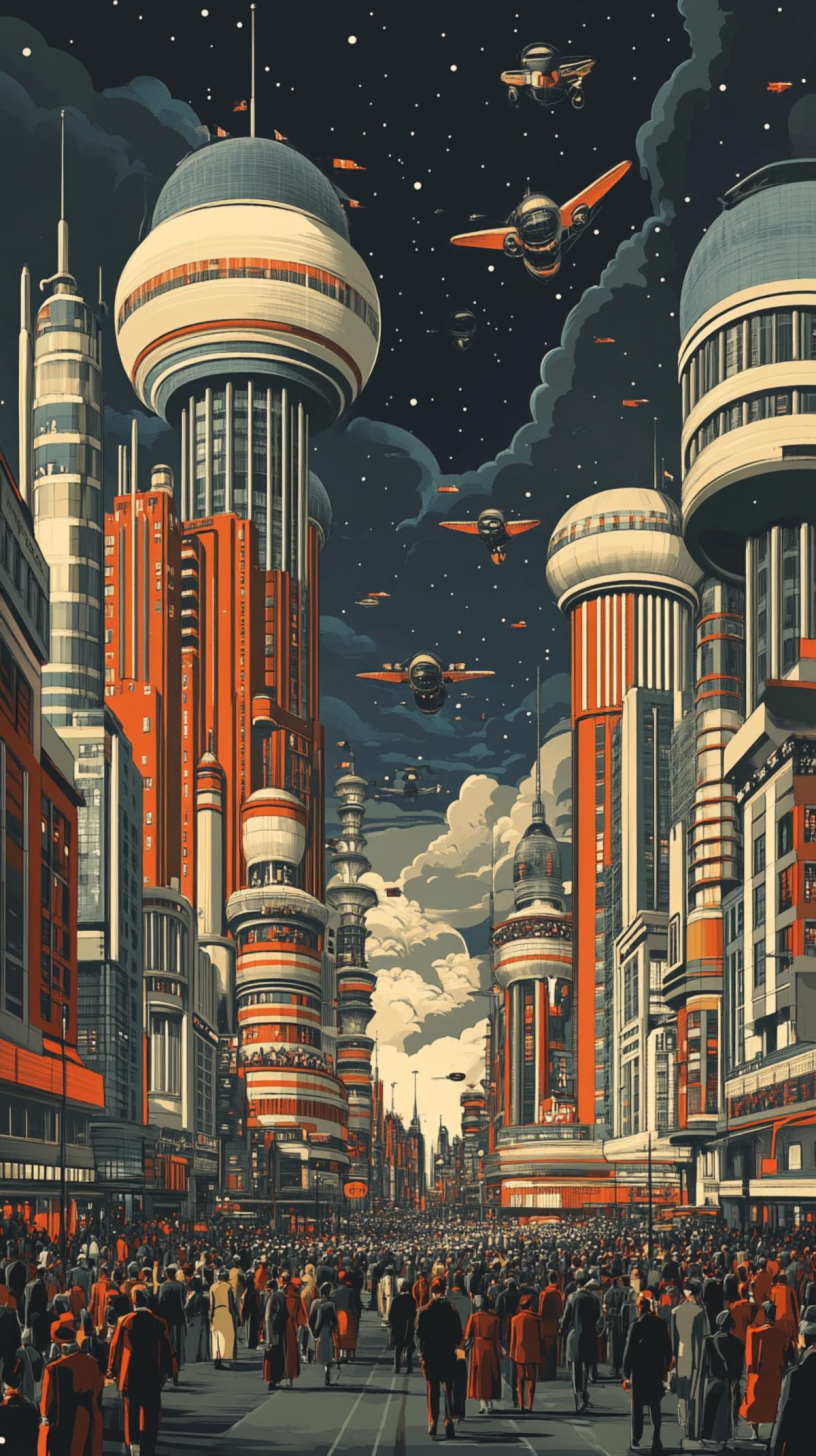 1940s vector art style book cover. Futuristic retro cityscape with towering art deco buildings, large spherical domes, sleek flying machines in the sky, vibrant colors, busy streets, detailed crowds, intricate architecture, 1940s sci-fi illustration, high contrast, bold lines, vivid shades of red, orange, yellow, white, dark blue moody sky, high detail --no captions s 500 c 15 p 94cczhz