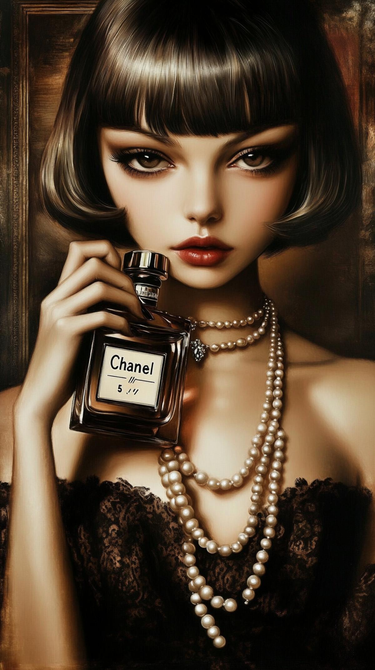 A detailed oil painting in a dark fantasy style, inspired by elegant retro postcards and a Chanel magazine cover. Soft, delicate colors, rich depth, and volume. The work combines a nostalgic vintage atmosphere with a sophisticated and atmospheric mood, emphasizing subtle textures and a multi-layered com4k, creating a luxurious, timeless image of a young lady with a bob haircut and a long pearl necklace, wearing a dark dress, holding a small bottle of perfume with the print \"Chanel 5.\"