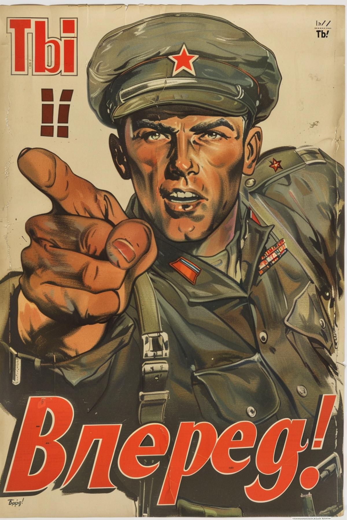 Propagandistic 1940-s poster picturing military man pointing at spectator two colours red and dark text \"TbI!\" \"Bnepeg!\"