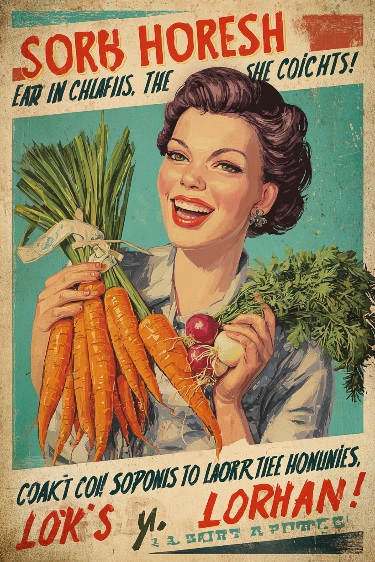 Soviet-era retro poster illustration. A cheerful, healthy Soviet woman with a stylish haircut, holding a bunch of carrots, onions, and horseradish. The style is optimistic socialist realism, with bold typography: \"Eat carrots, onions, and horseradish youll be like Sophia Loren!\" Vibrant colors, vintage texture, propaganda art style.