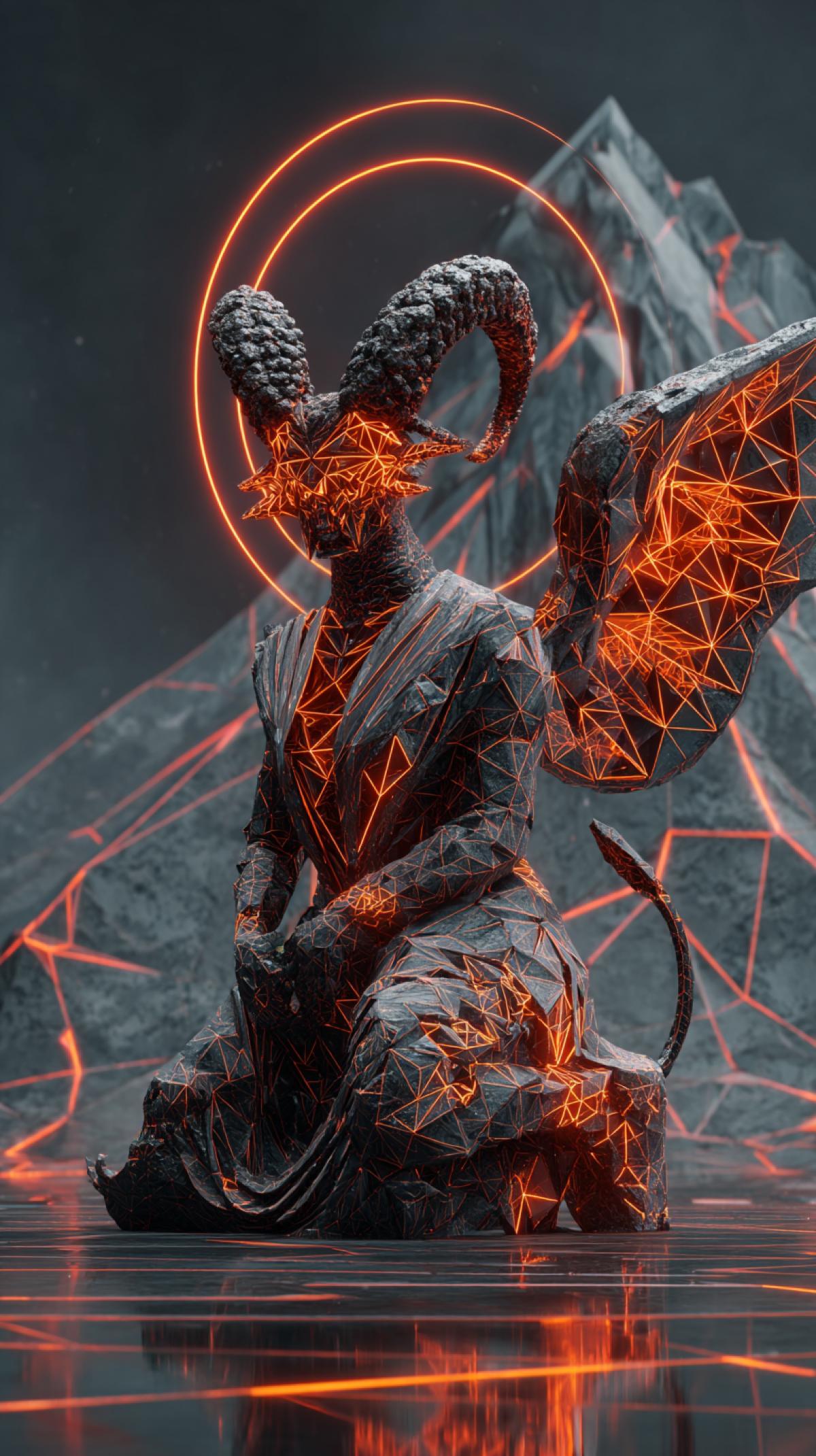 Futuristic fiery humanoid figure with twisted horns made of hot basalt and magma texture, with a head decorated with glowing neon red geometric shapes and rocky burning texture, , flaming toga fluttering in the wind, big fiery detailed wings behind the back, the figure sits on a neon steed on a reflective surface, background mountain with neon white burning liquid flowing on a minimalistic textured dark background, grotesque, smoky vortex, bright colors, fracture