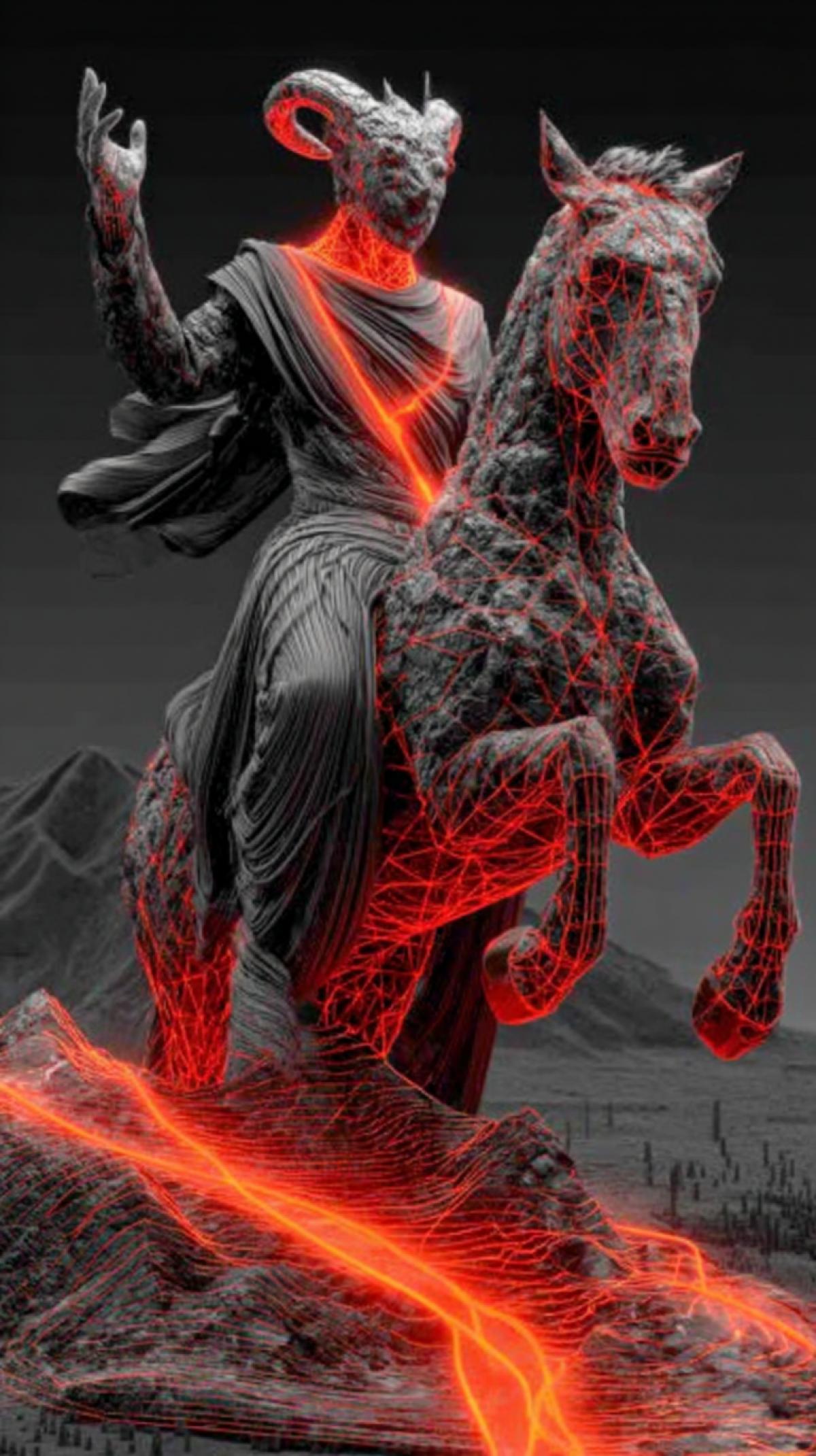 Futuristic fiery humanoid figure with twisted horns made of hot basalt and magma texture, with head decorated with glowing neon red geometric shapes and rocky burning texture, , flaming toga fluttering in the wind, figure riding neon steed on reflective surface, background mountain with neon white burning liquid flowing on minimalistic textured dark background, grotesque, smoky swirl, bright colors, fracture, pencil drawing