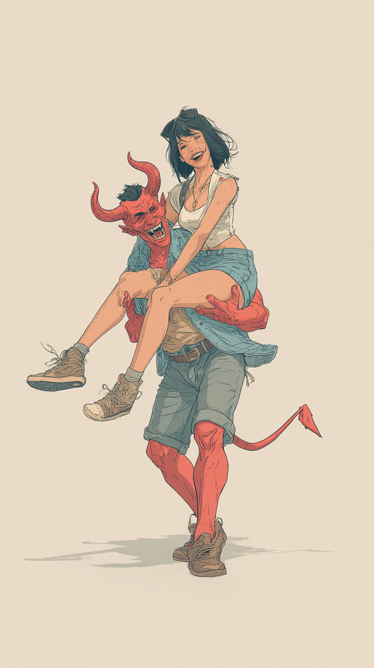 The devil bouncing with a girl in a shorts