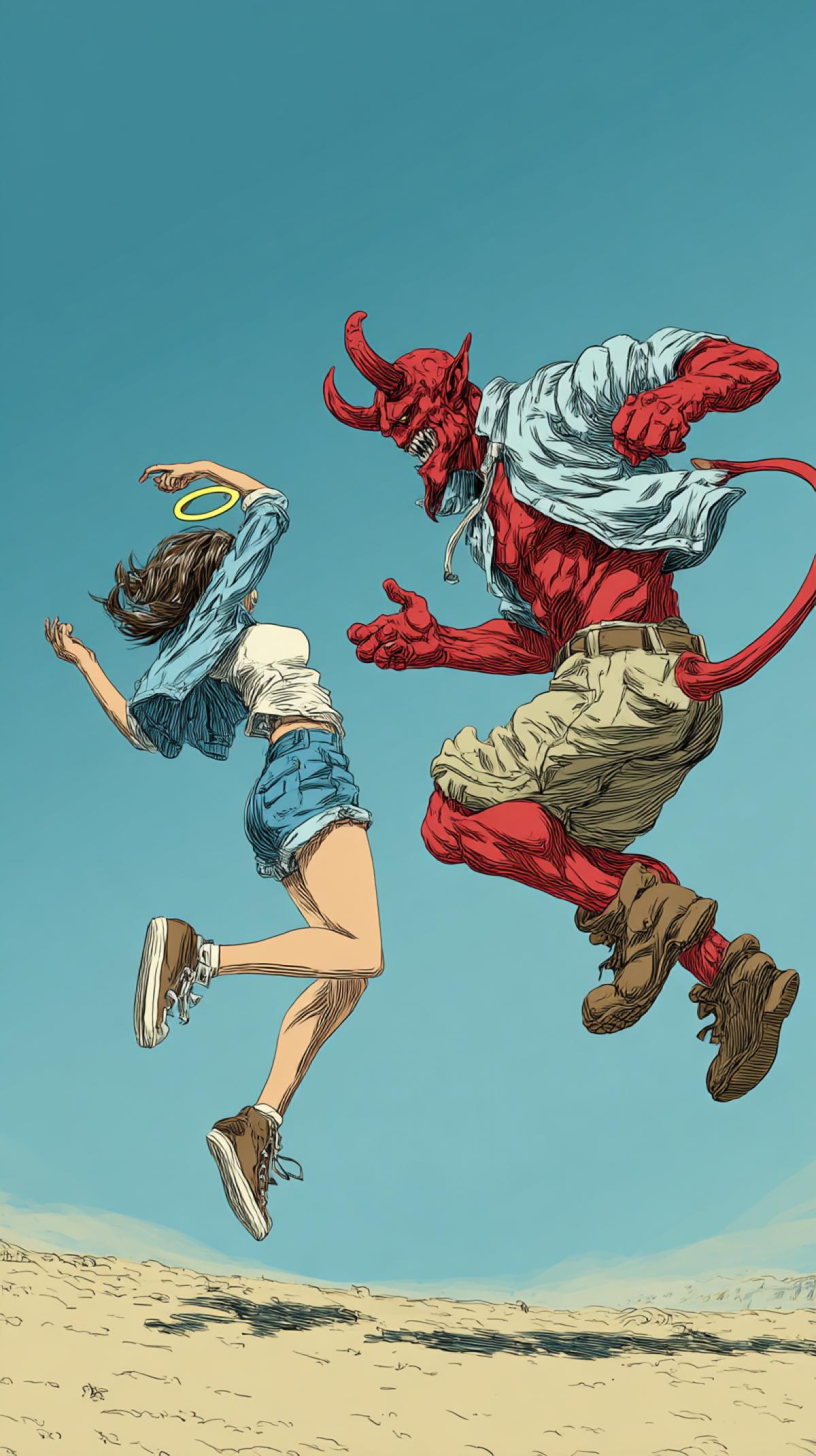 The devil bouncing with a girl in a shorts