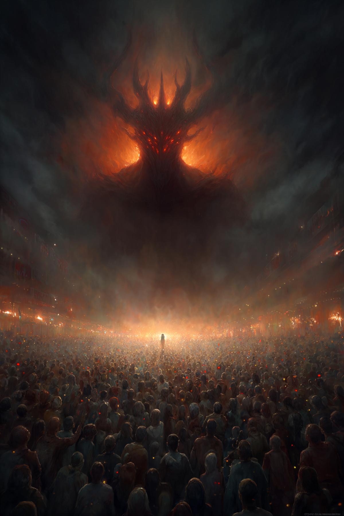 A massive demonic figure emerging from a crowd of people with empty, burning eyes. The bodies of the crowd blend seamlessly into the demons form, creating a surreal and terrifying transition. Dark, dramatic lighting, hyperrealistic.