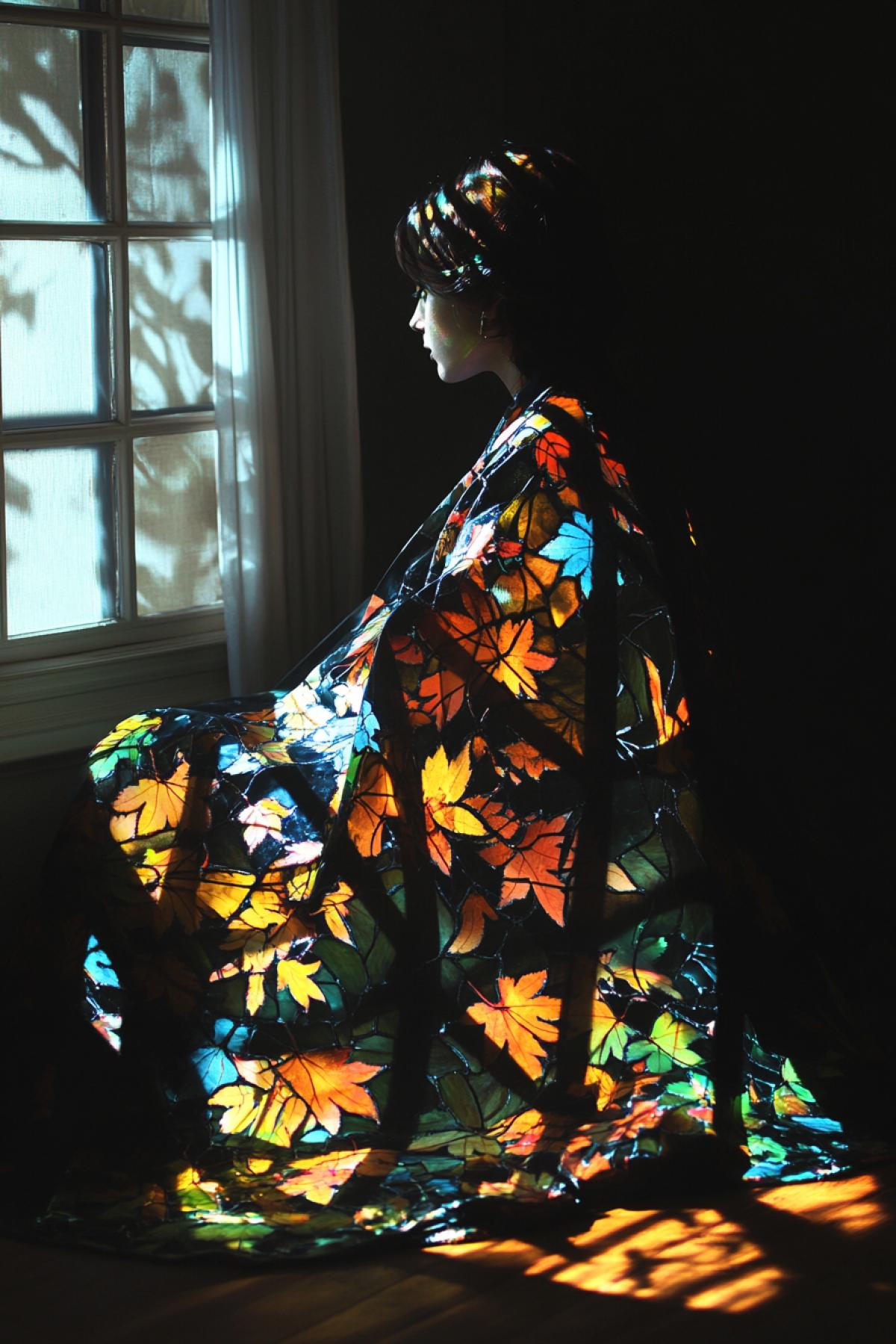 Projection of a stained-glass pattern of autumn maple leaves onto a woman by a window wearing a stained-glass cloak, sitting in a dark room, in the style of James Jean and Hajime Sorayama, as if on an album cover, with soft shadows and cinematic lighting, with light coming from within, a masterpiece. chaos 20stylization 150