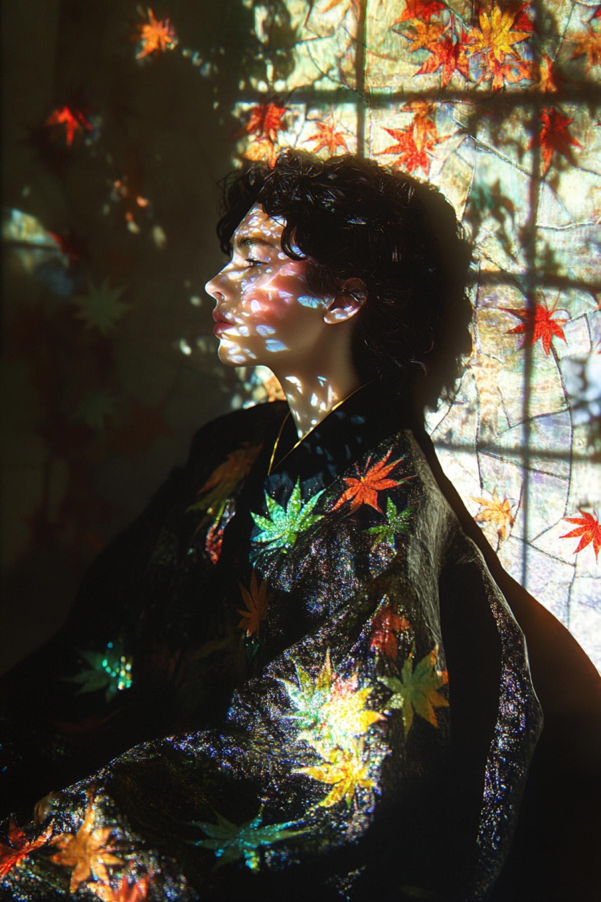 Projection of a stained-glass pattern of autumn maple leaves onto a woman by a window wearing a stained-glass cloak, sitting in a dark room, in the style of James Jean and Hajime Sorayama, as if on an album cover, with soft shadows and cinematic lighting, with light coming from within, a masterpiece. chaos 20stylization 150