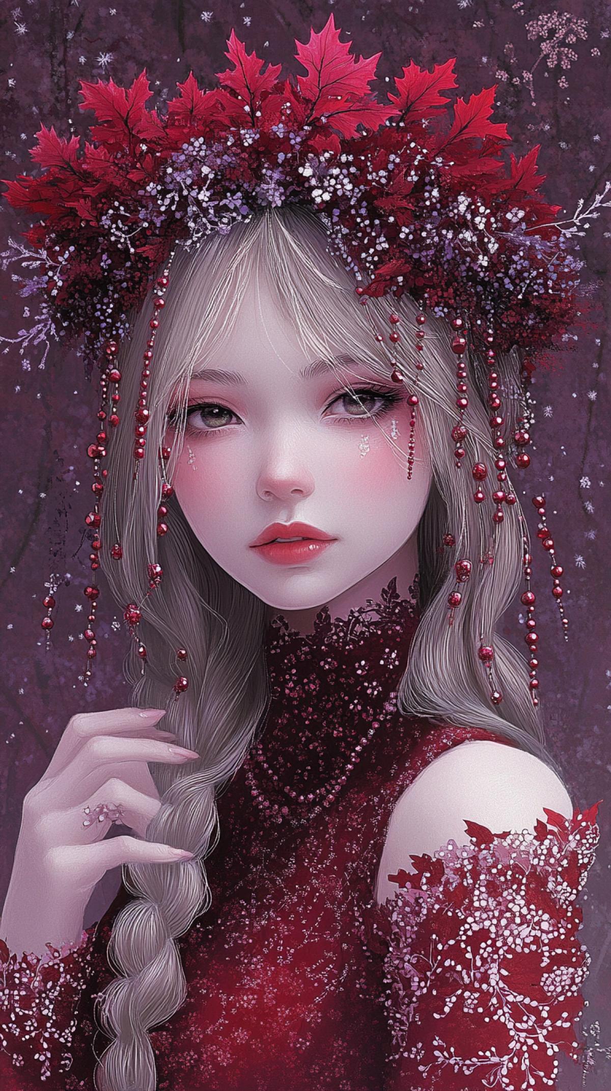 Digital illustration in semi-realistic style, soft light,  image Queen Autumn in a crown of maple leaves and rowan beads, in Russian folk style
