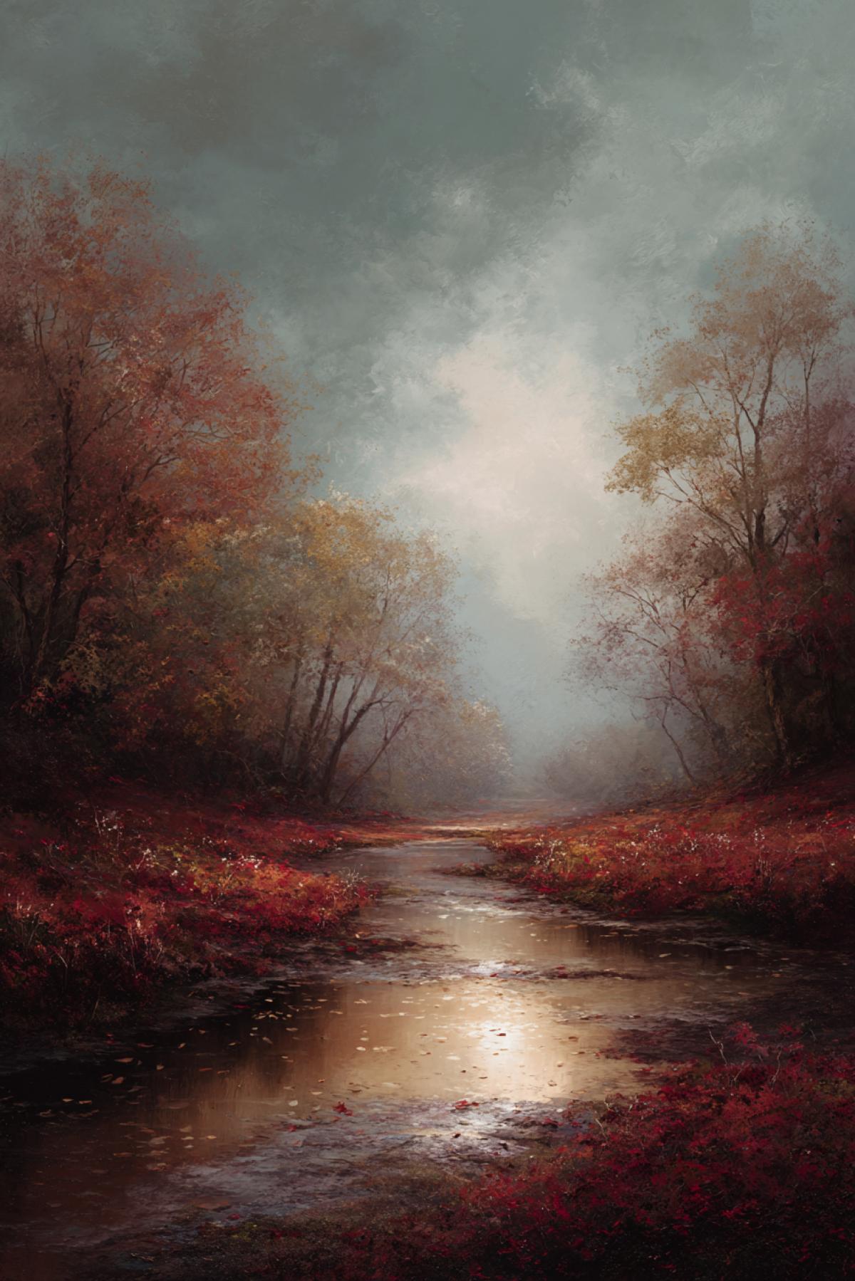 A melancholic autumn landscape, capturing the enchanting beauty of natures decay. Forests dressed in crimson and gold, a fresh wind rustling through the leaves, the sky covered with a hazy veil, a rare sunbeam breaking through, the first frosts, and the distant threat of winter. Atmospheric, poetic, soft lighting, hyperrealistic.