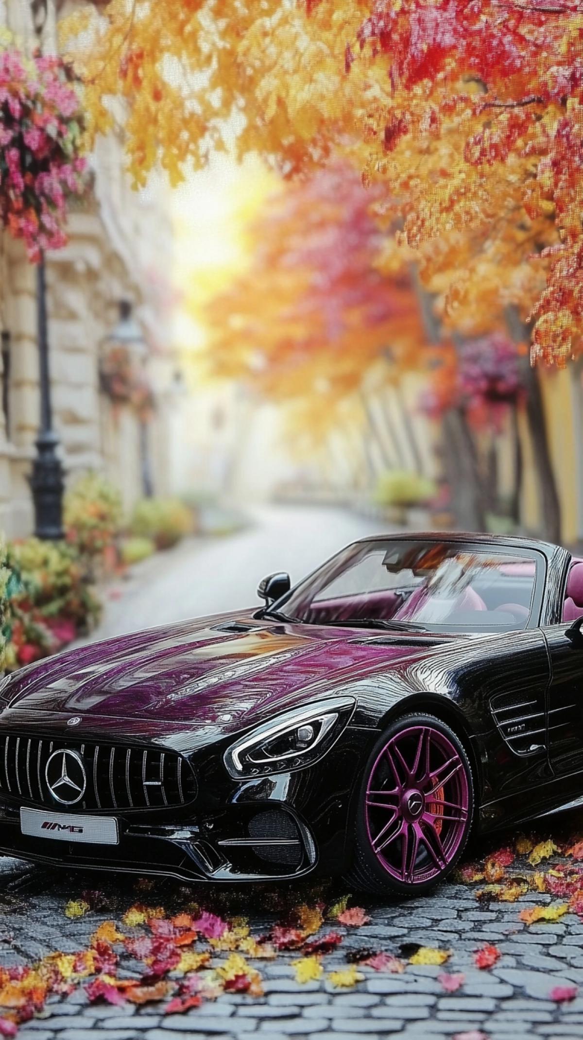 Close-up Mercedes AMG SL-43, a sports car with an aggressive design, shiny dark matte , red accents in the interior, professional photography+digital processing, maximally detailed, high level of realism against the background of a cobblestone European street with autumn leaves, warm shades of autumn, red and yellow foliage, an atmosphere of comfort and dynamics, Soft diffused light, high quality, focus on the car, artistic style, clear details, deep shadows and contrasts, excellent wallpaper for your phone ar 9:16