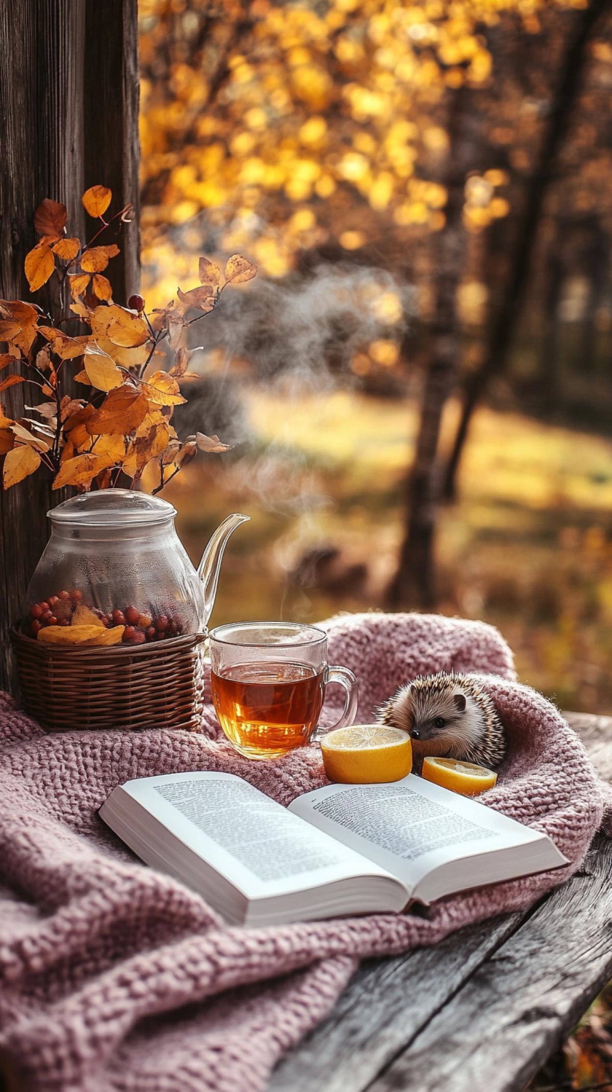 A cozy autumn scene on a rustic wooden bench near an old wooden house, soft natural lighting, a clear glass teapot with a cup of amber sea buckthorn tea standing next to an open book, two lemon slices nearby, a warm pink-gray wool blanket draped over the bench with a small hedgehog curled up comfortably, and a small wicker vase filled with bright golden-yellow maple leaves like a bouquet of leaves and red-orange rowan berries, blurred autumn trees with golden foliage in the background, a steaming cup of tea, 8k, super detail, wood and leaf texture, warm tones and a cozy atmosphere. ar 9:16