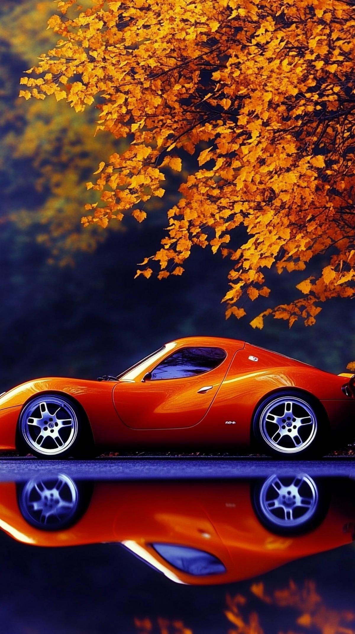 A sleek, aggressive red sports car with wide fenders and ultra-low stance, deep concave multi-spoke forged wheels with polished lips, high-performance tires, sharp aerodynamic details, glossy finish reflecting autumn cityscape, dynamic urban background with blurred bokeh highlights, shot with a 50mm f/1.8 lens for shallow depth of field and crisp foreground detail, vibrant autumn colors, cinematic lighting, ultra realistic, 8K ar 9:16