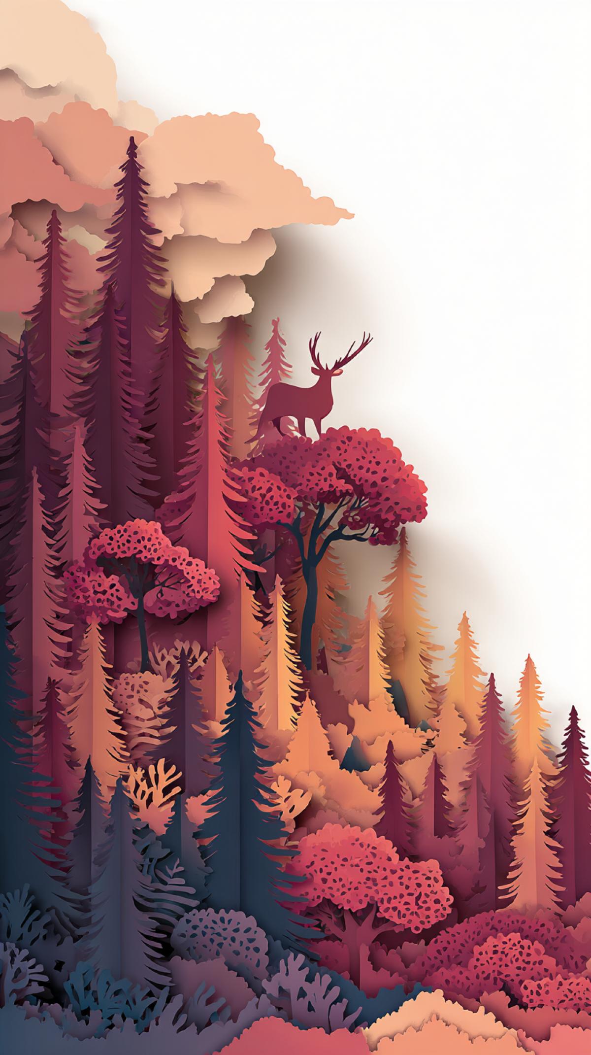t-shirt design, a layered papercraft landscape of a forest with a deer, 3D paper cut-out effect (Kirigami), subtle shadows creating depth, rich and warm color palette, digital craft, isolated on a clean white background