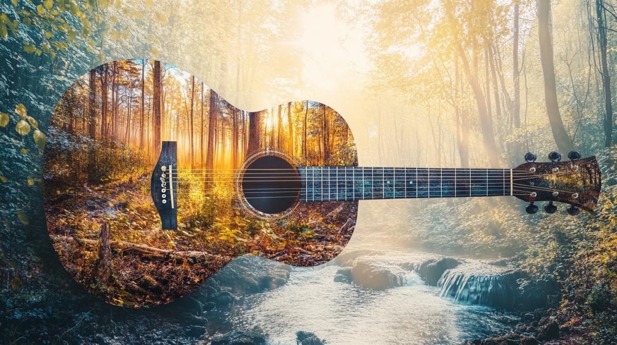 a Guitar with a forest landscape inside, White Background, Thick outline on the Violin, morning mist, deers, flowing creek, sunbeams through trees, magical realism, surreal art, double exposure, vibrant colors, simple illustration