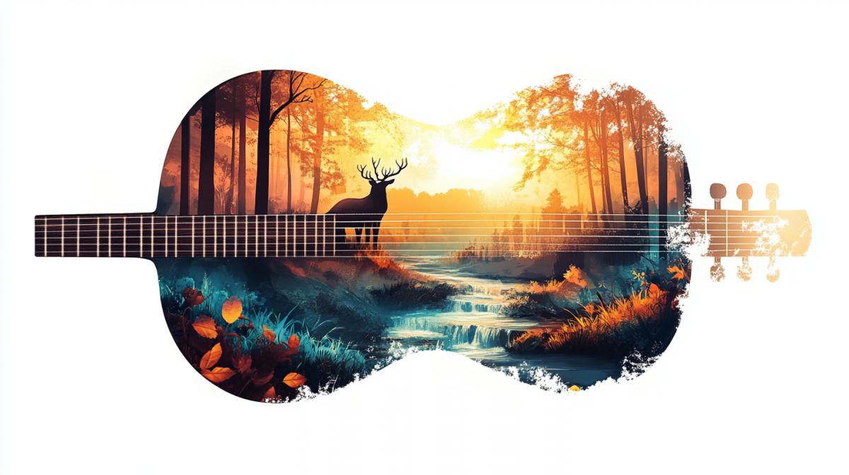 a Guitar with a forest landscape inside, White Background, Thick outline on the Violin, morning mist, deers, flowing creek, sunbeams through trees, magical realism, surreal art, double exposure, vibrant colors, simple illustration