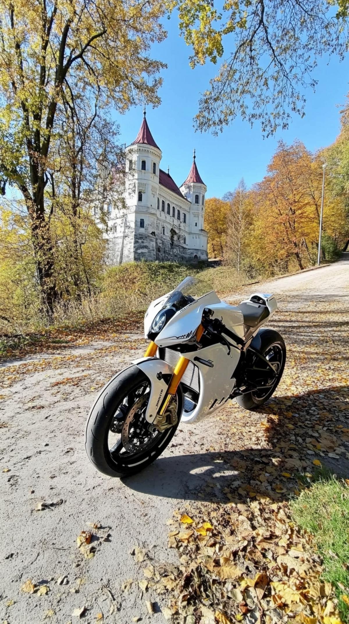 Yamaha R1 futuristic concept bike, by fashion house Calvin Klein, future technology, modified prototype with revolutionary concept, leather, against the backdrop of an autumn castle, professional photography for a fashion magazine ar 9:16