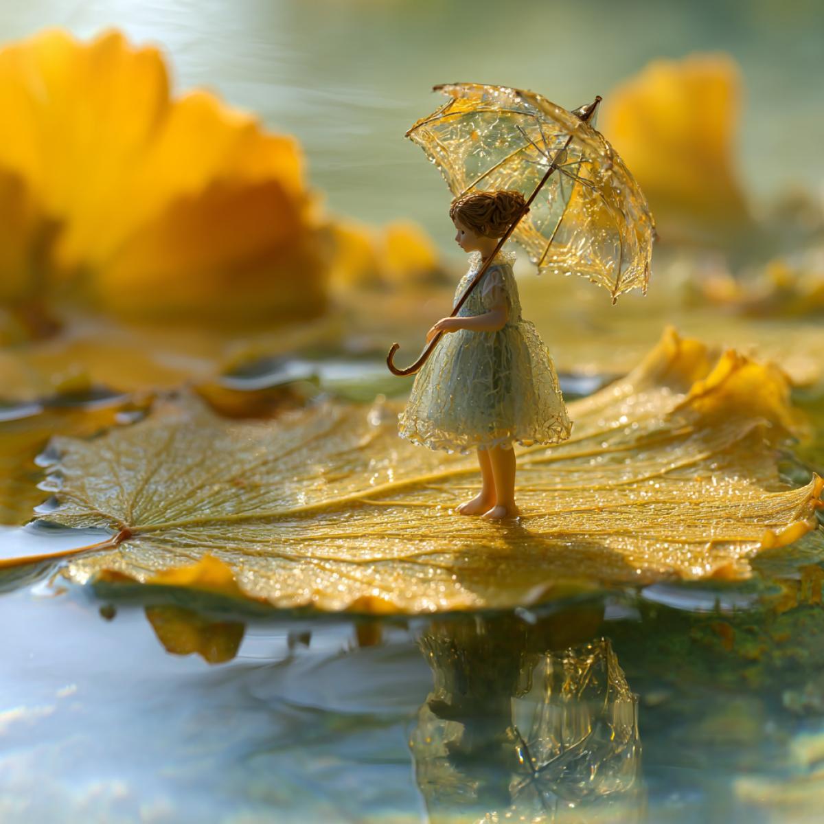 A tiny girl made of water, made of glass, , elegantly standing on a hyperreal yellow autumn sheet, sharply detailed by natural textures. She holds a delicate glass umbrella, refracting soft light. The sheet floats in a puddle that reflects the dreamy blurry sunlight, colorful, but not in focus, like sideways. Macro photography of the magical miniature world, ultraphotorealistic textures, cinematographic lighting, complex water refraction, a high dynamic range, a shallow depth of field, an acute focus on a transparent girl and an umbrella, a soft luminous atmosphere.ar 3: 4 v 7-q 2-s 750-rawed style