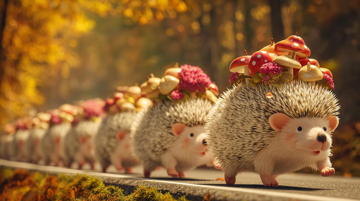 Side view at chainline of twelve concentrated hedgehogs hitting the road carrying apples and mushrooms on their backs on the background of autumn forest beautiful yellow red trees sunny day bright golden summer ironic 3d Pixar illustration