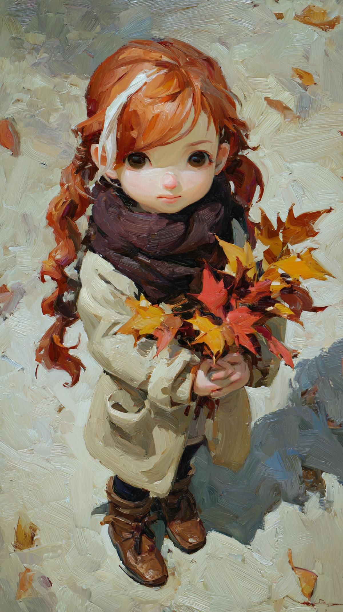 A masterpiece of color, this painting depicts a charming chibi girl with long, fluffy eyelashes, a babydoll style, and long red hair with a white streak, pulled back into two ponytails, standing in a muted autumn forest. She is dressed in a sand-colored autumn cashmere coat and a long dark scarf, entangled with small red and yellow autumn leaves. She wears brown lace-up boots with a gilded buckle. Large autumn leaves are fanned out in her hands like a bouquet. Expressive brushstrokes and rich textures emphasize the tactile sensations of the fabric and fur. Dramatic cinematic lighting creates dynamic shadows and highlights, enhancing the painterly realism of the scene. The warm color palette contrasts with the muted autumn park backdrop, which remains minimalist to focus attention on the figures curious and slightly unsettling 4k. Artstation quality, delicate aesthetics.