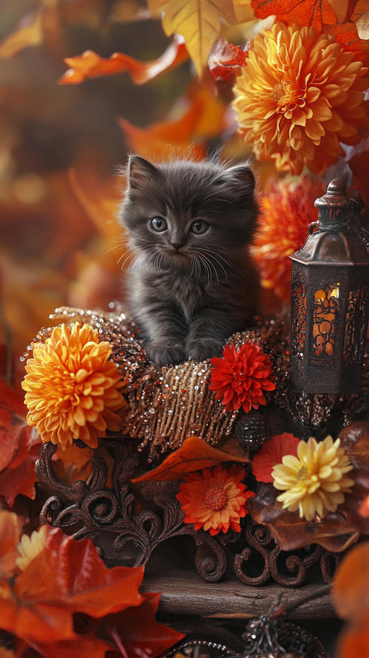 Autumn postcard, beads, fur. Diagonal angle. Microcosm on a maple leaf: flowers sprout, fluffy chrysanthemums, dahlias, maple leaves, a 3D miniature comes to life: a huge, fluffy bouquet of chrysanthemums, autumn asters, maple leaves, an ornate, filigree, fairytale bench, a small dark fluffy kitten on the bench, a vintage lantern, a mohair blanket thrown over the corner of the bench, ears of corn, sequins. Double exposure. ar 2:3