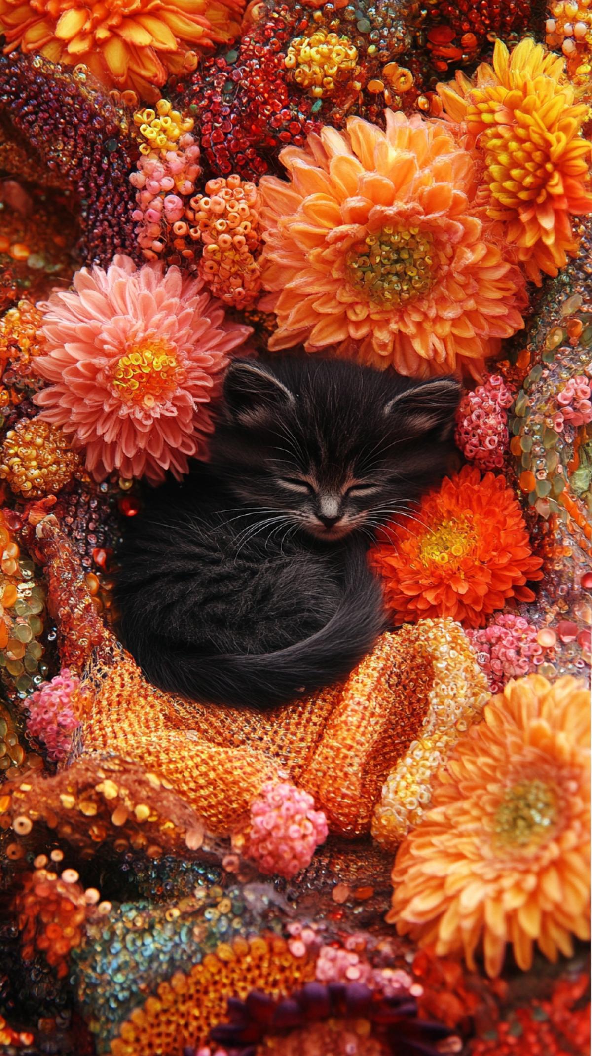 Autumn postcard, beads, fur. Diagonal angle. Microcosm on a maple leaf: flowers sprout, fluffy chrysanthemums, dahlias, maple leaves, a 3D miniature comes to life: a huge, fluffy bouquet of chrysanthemums, autumn asters, maple leaves, an ornate, filigree, fairytale bench, a small dark fluffy kitten on the bench, a vintage lantern, a mohair blanket thrown over the corner of the bench, ears of corn, sequins. Double exposure. ar 2:3