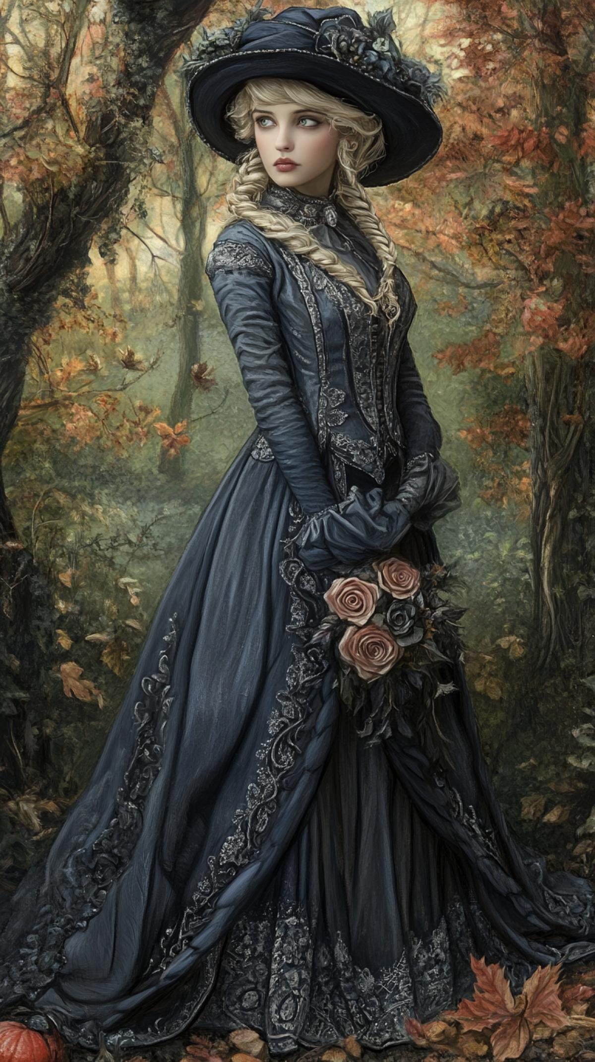 Vintage woman, full-length portrait, attire in muted dark blue and silver, short blonde braided hair, adorned with a hat, stands before an enchanting enchanted autumn forest, intricate details enhance the fantasy art fairy core aesthetic, dreamy atmosphere infused with detailed prismatic hues, enshrouded in a mysterious aura, ultra detailed,Insanely detailed. ar 9:16