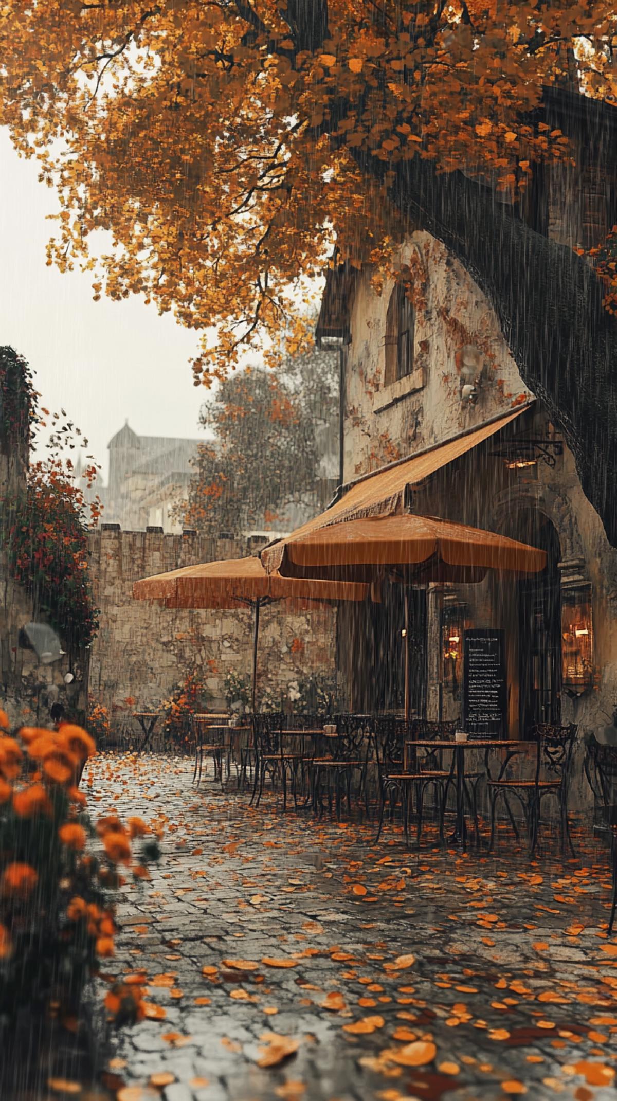 A small cafe located near an ancient city wall on a rainy autumn day. The scene is depicted in the style of an oil painting, with warm orange and yellow tones capturing the effect of wet, textured paint with delicate brush strokes. The cafe features tables and chairs under umbrellas, surrounded by blooming flowers and trees covered in fallen leaves. A nearby tree casts long shadows across the scene, enhancing the autumnal atmosphere with the warm light filtering through them. The traditional street view adds a cozy, nostalgic feel to the landscape ar 9:16