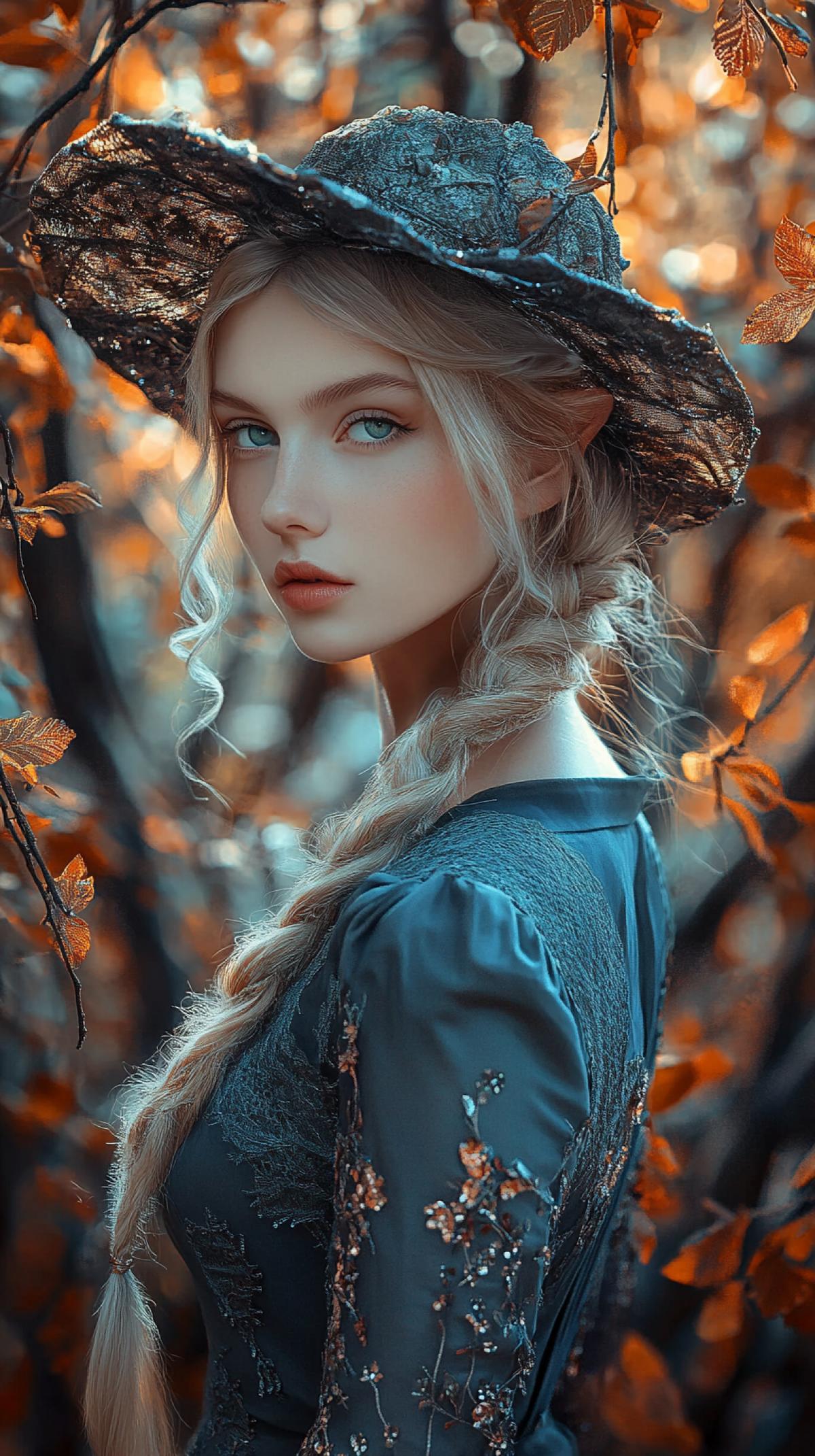 Vintage woman, full-length portrait, attire in muted dark blue and silver, short blonde braided hair, adorned with a hat, stands before an enchanting enchanted autumn forest, intricate details enhance the fantasy art fairy core aesthetic, dreamy atmosphere infused with detailed prismatic hues, enshrouded in a mysterious aura, ultra detailed,Insanely detailed. ar 9:16