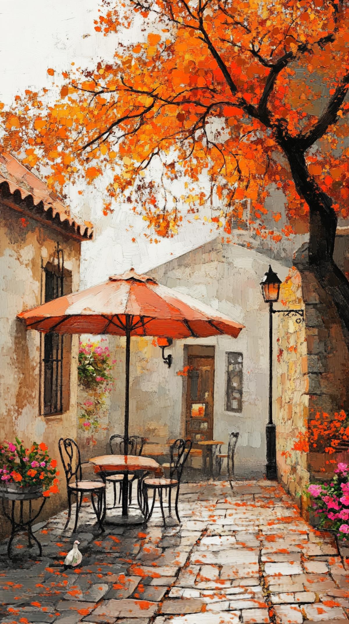 A small cafe located near an ancient city wall on a rainy autumn day. The scene is depicted in the style of an oil painting, with warm orange and yellow tones capturing the effect of wet, textured paint with delicate brush strokes. The cafe features tables and chairs under umbrellas, surrounded by blooming flowers and trees covered in fallen leaves. A nearby tree casts long shadows across the scene, enhancing the autumnal atmosphere with the warm light filtering through them. The traditional street view adds a cozy, nostalgic feel to the landscape ar 9:16